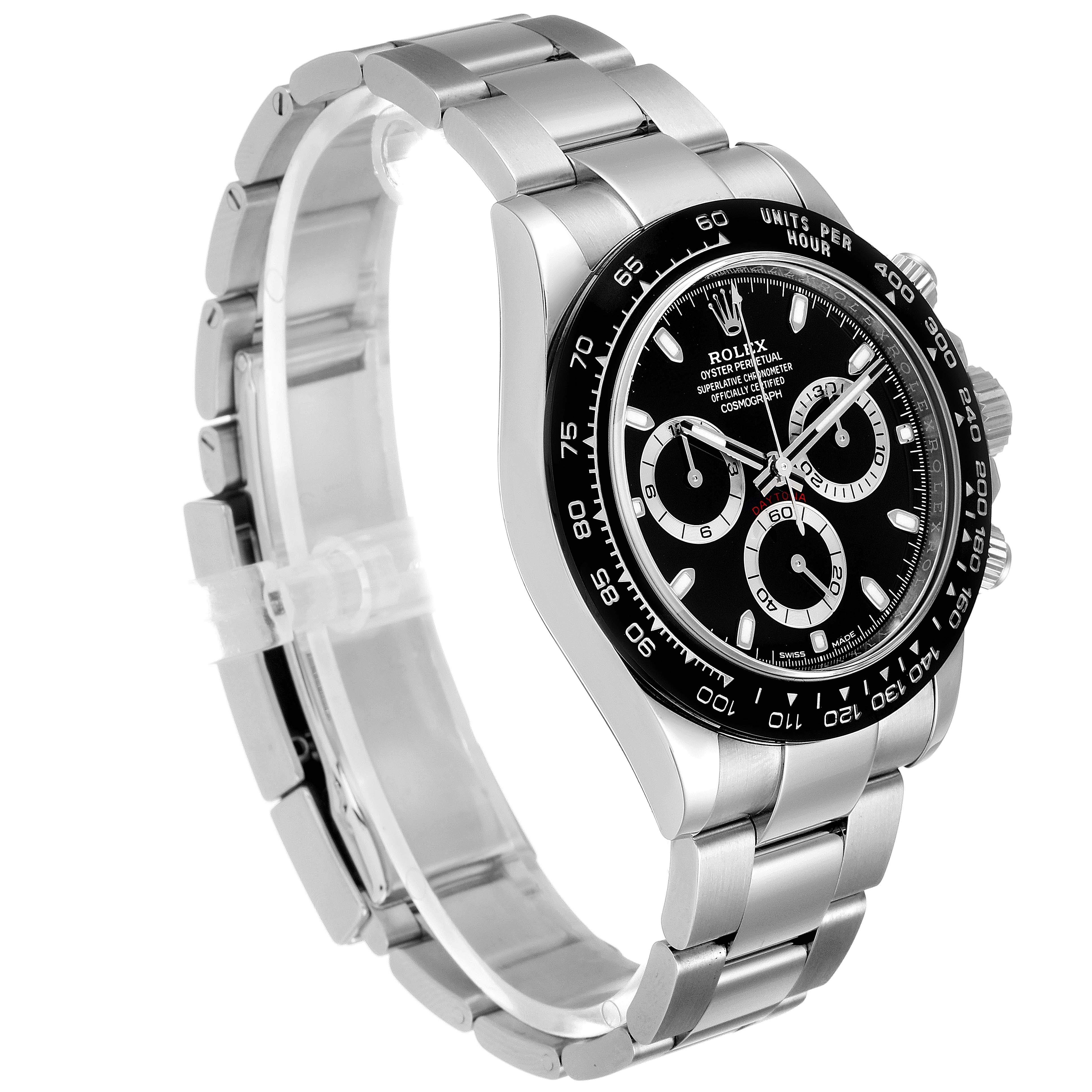 The image shows a Rolex Daytona 116500 Men's Stainless Steel Black Dial 116500 Men's Stainless Steel Black Dial watch from a side angle, highlighting its stainless steel bracelet and black dial with subdials.
