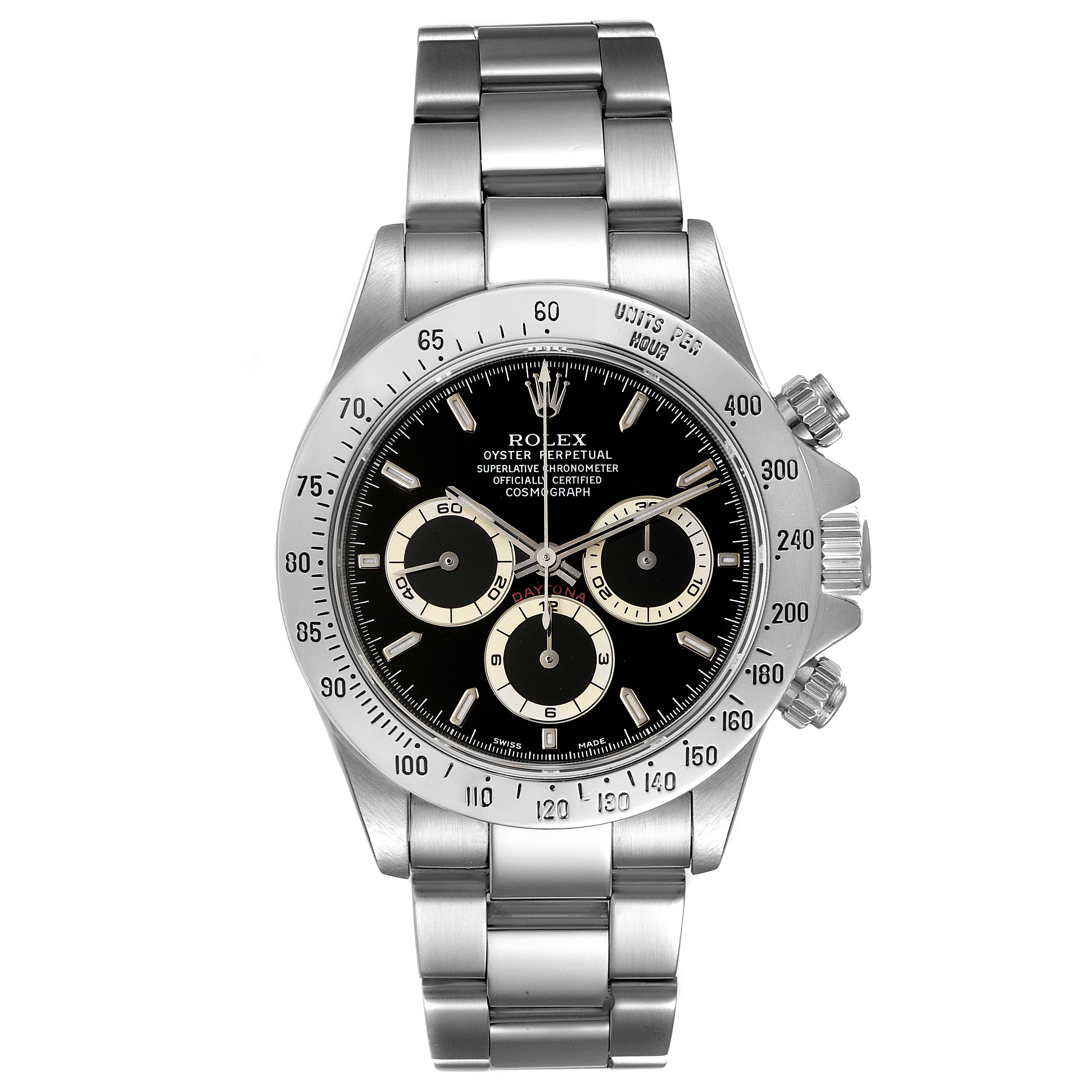 This image shows a front view of a Rolex Daytona 16520 Men's Stainless Steel Black Dial 16520 Men's Stainless Steel Black Dial watch, displaying its face, bezel, chronograph dials, and bracelet.