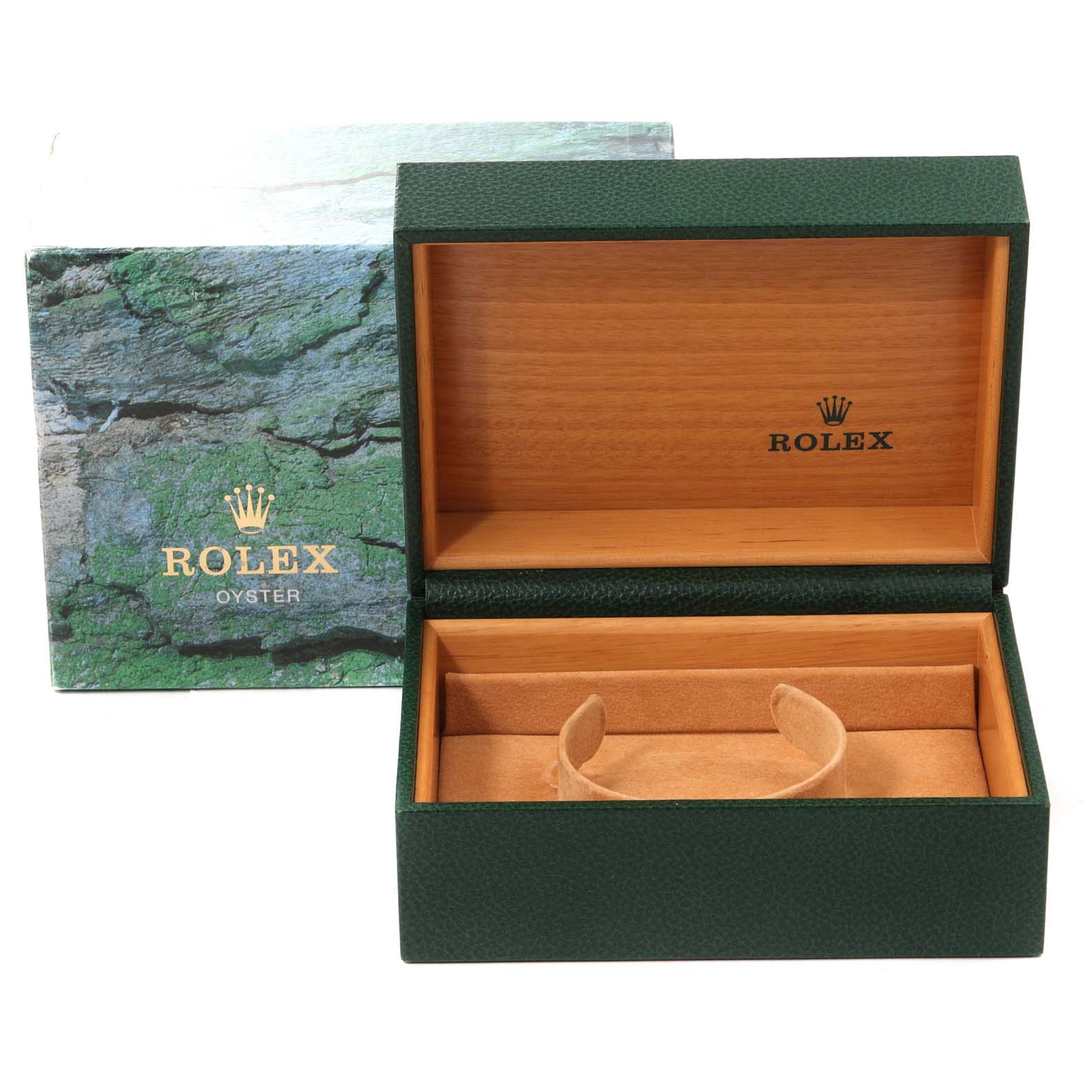 This image shows the open watch box and outer box of a Rolex Daytona 16520 Men's Stainless Steel Black Dial 16520 Men's Stainless Steel Black Dial model.