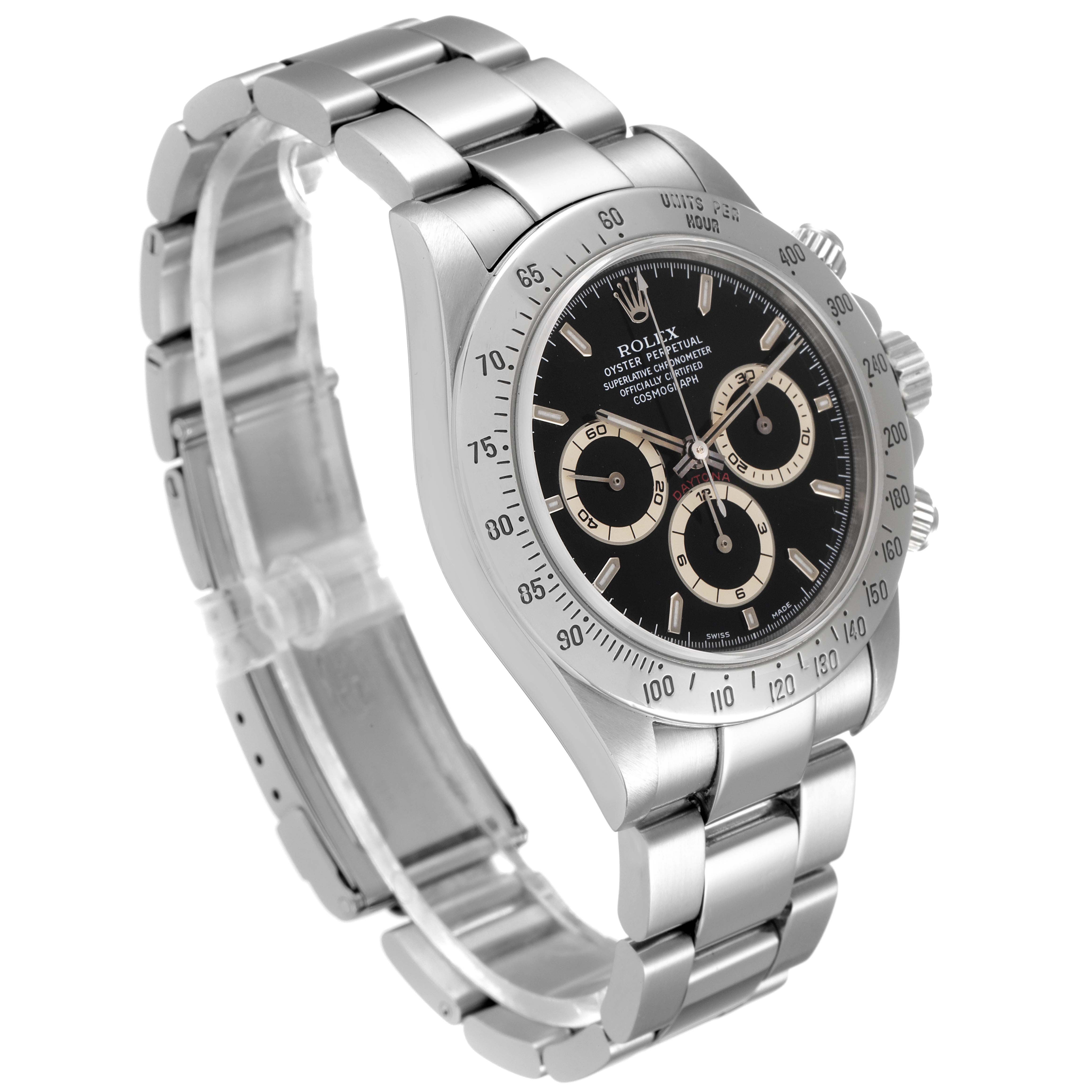The image shows a side angle of the Rolex Daytona 16520 Men's Stainless Steel Black Dial 16520 Men's Stainless Steel Black Dial watch, highlighting its bracelet, bezel, and dial.