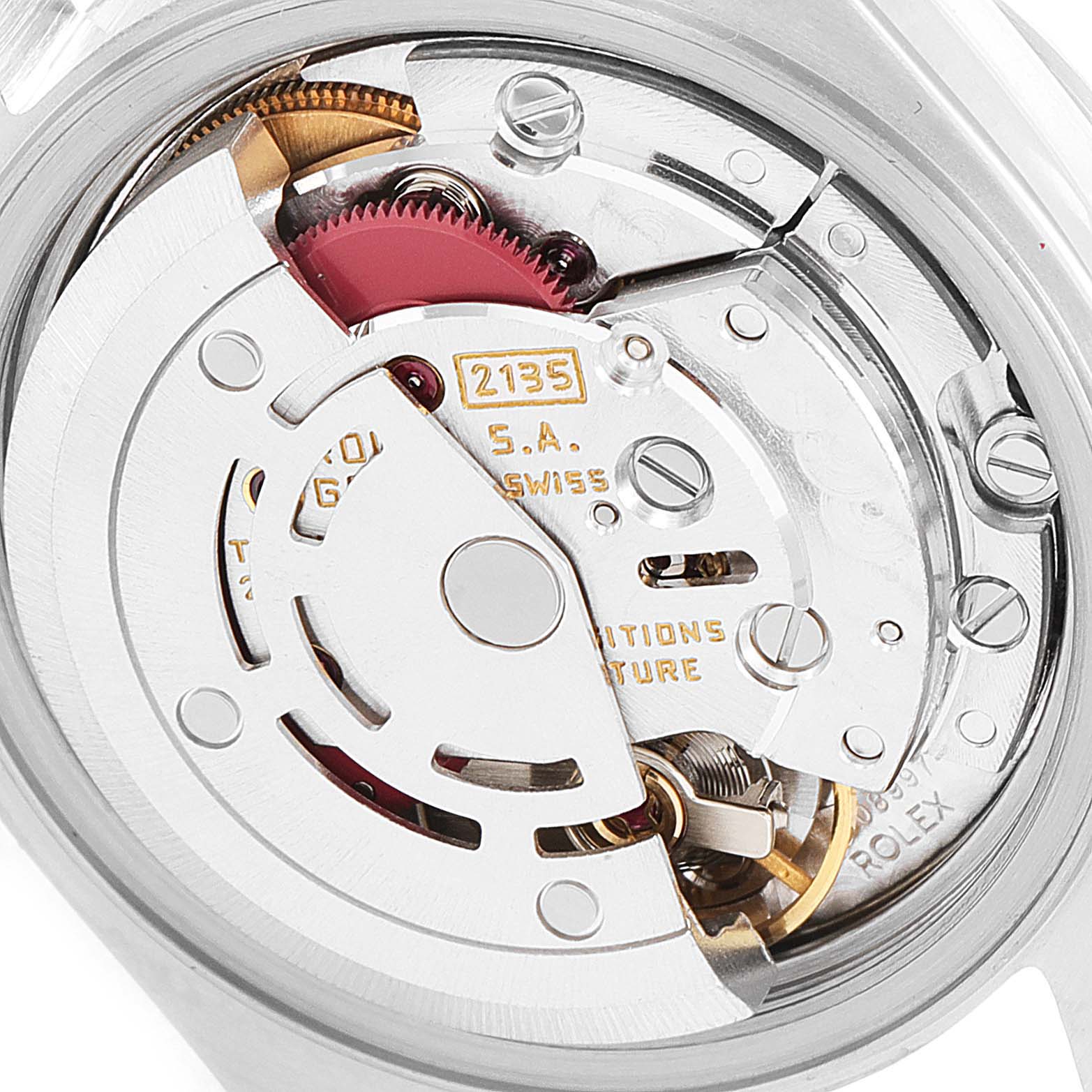 The image shows the internal movement mechanism of a Rolex Date 69240 Women's Stainless Steel Silver Dial 69240 Women's Stainless Steel Silver Dial model watch viewed from the back.
