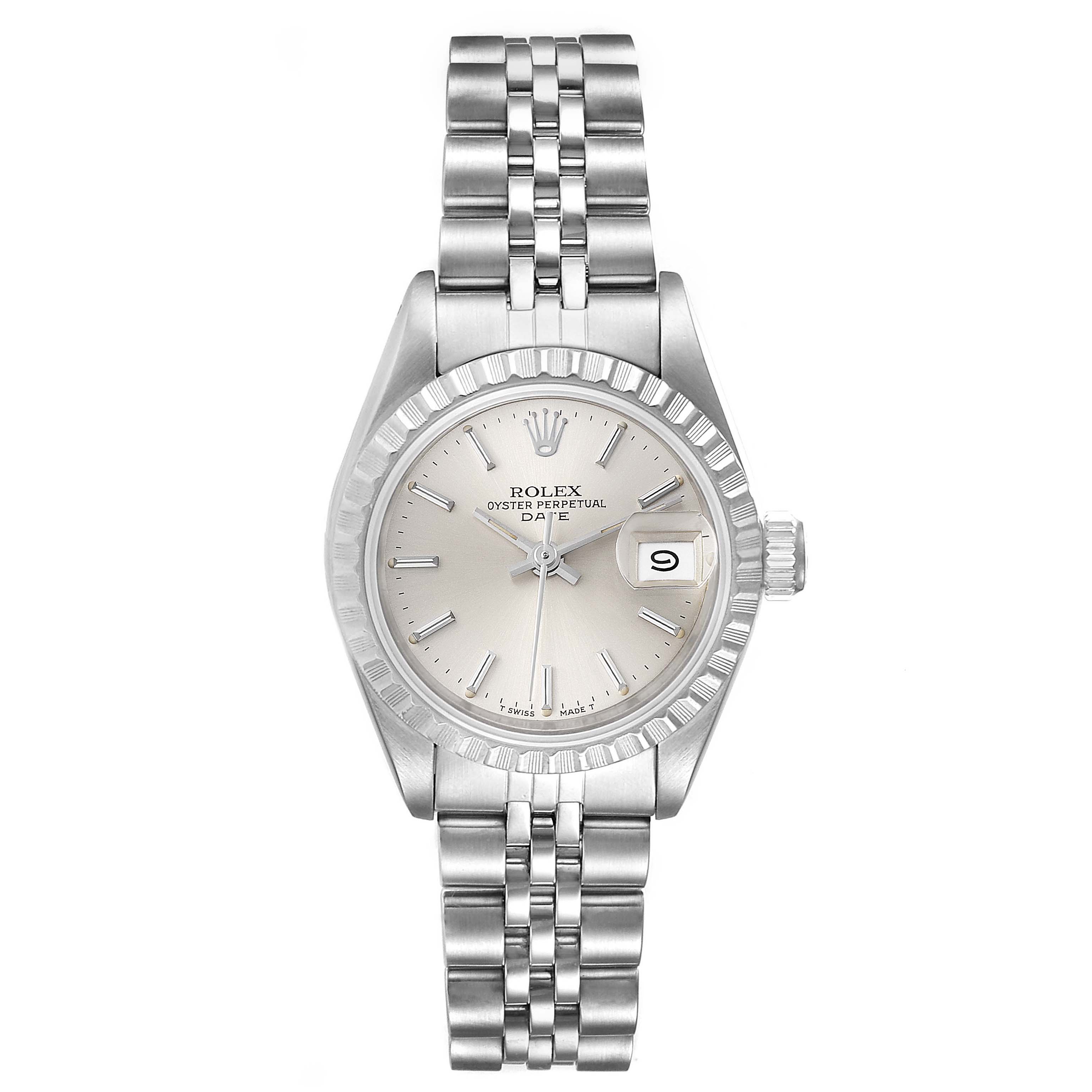 The image shows a front view of a Rolex Date 69240 Women's Stainless Steel Silver Dial 69240 Women's Stainless Steel Silver Dial model, highlighting its dial, bezel, bracelet, and date window.