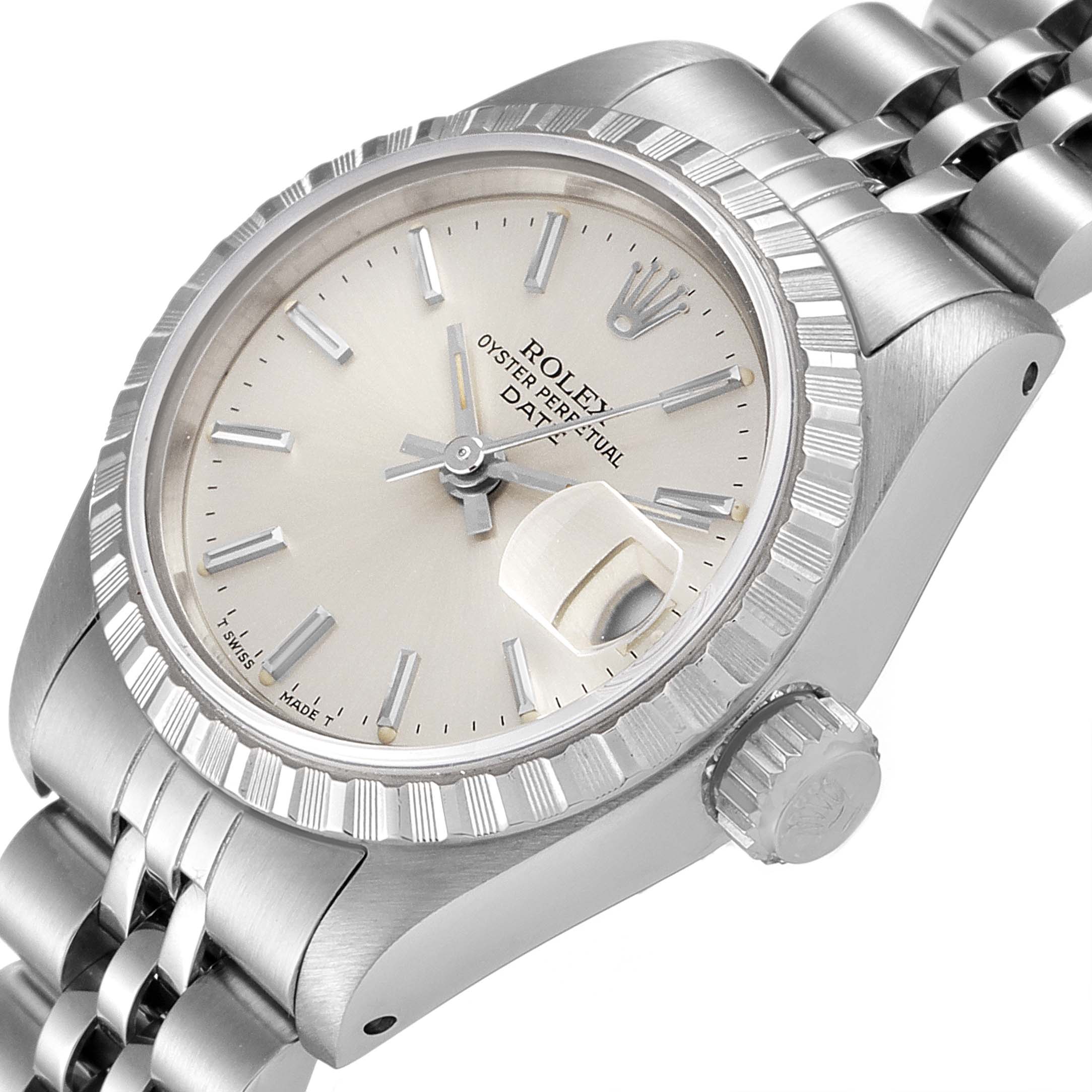 The image shows a close-up angle of a Rolex Date 69240 Women's Stainless Steel Silver Dial 69240 Women's Stainless Steel Silver Dial model watch, displaying the dial, bezel, crown, and part of the bracelet.