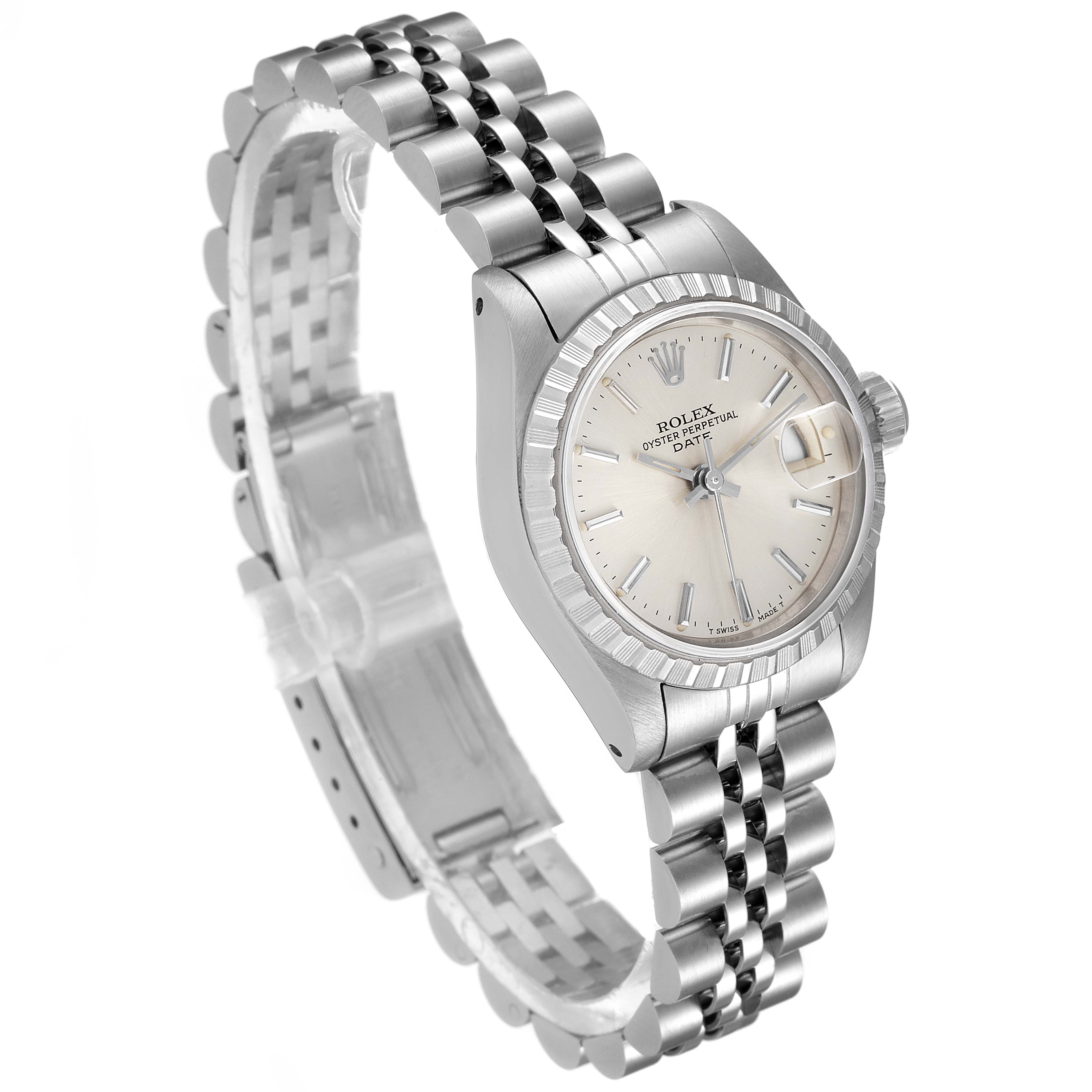 The image shows a Rolex Date 69240 Women's Stainless Steel Silver Dial 69240 Women's Stainless Steel Silver Dial model watch at a three-quarter angle, highlighting the Jubilee bracelet and the face with its date display.