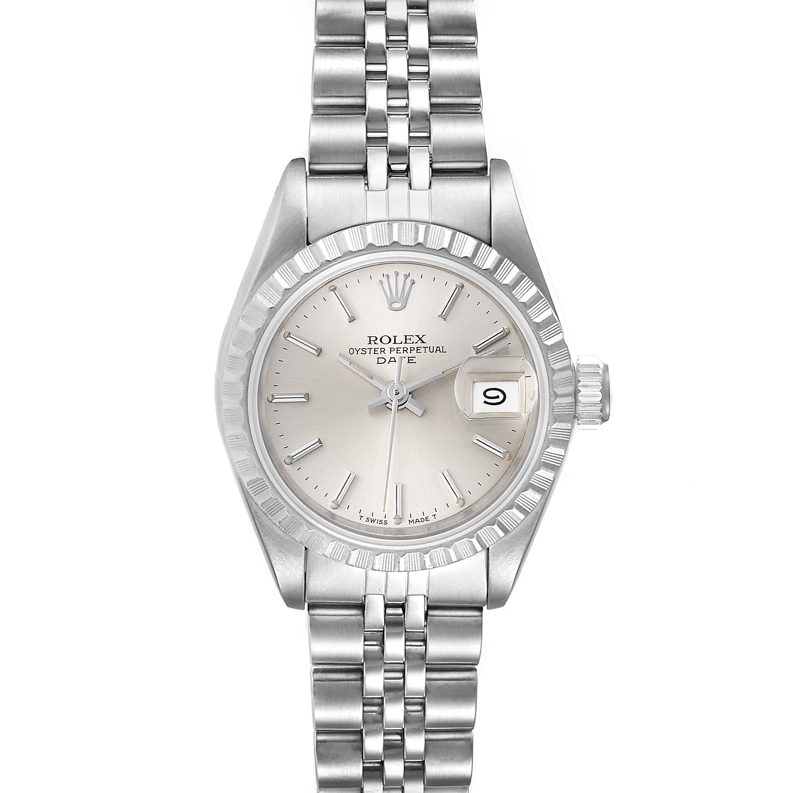 The image shows a Rolex Date 69240 Women's Stainless Steel Silver Dial 69240 Women's Stainless Steel Silver Dial watch from a top-down angle, highlighting the dial, bezel, crown, and bracelet.
