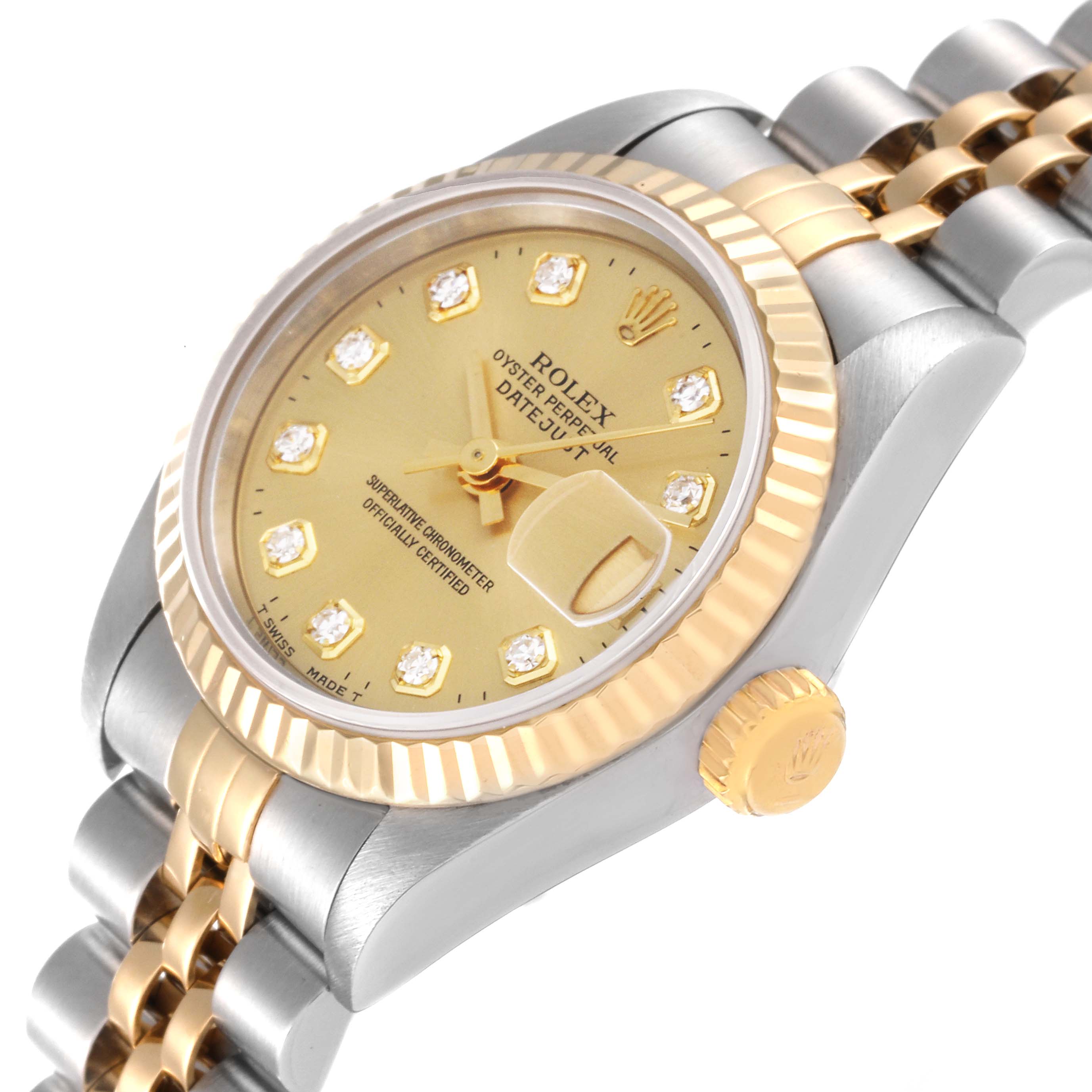 This image shows a Rolex Datejust 69173 Women's Steel and Gold (two tone) Champagne Dial 69173 Women's Steel and Gold (two tone) Champagne Dial watch at a three-quarter angle, highlighting the dial, bezel, crown, and part of the bracelet.