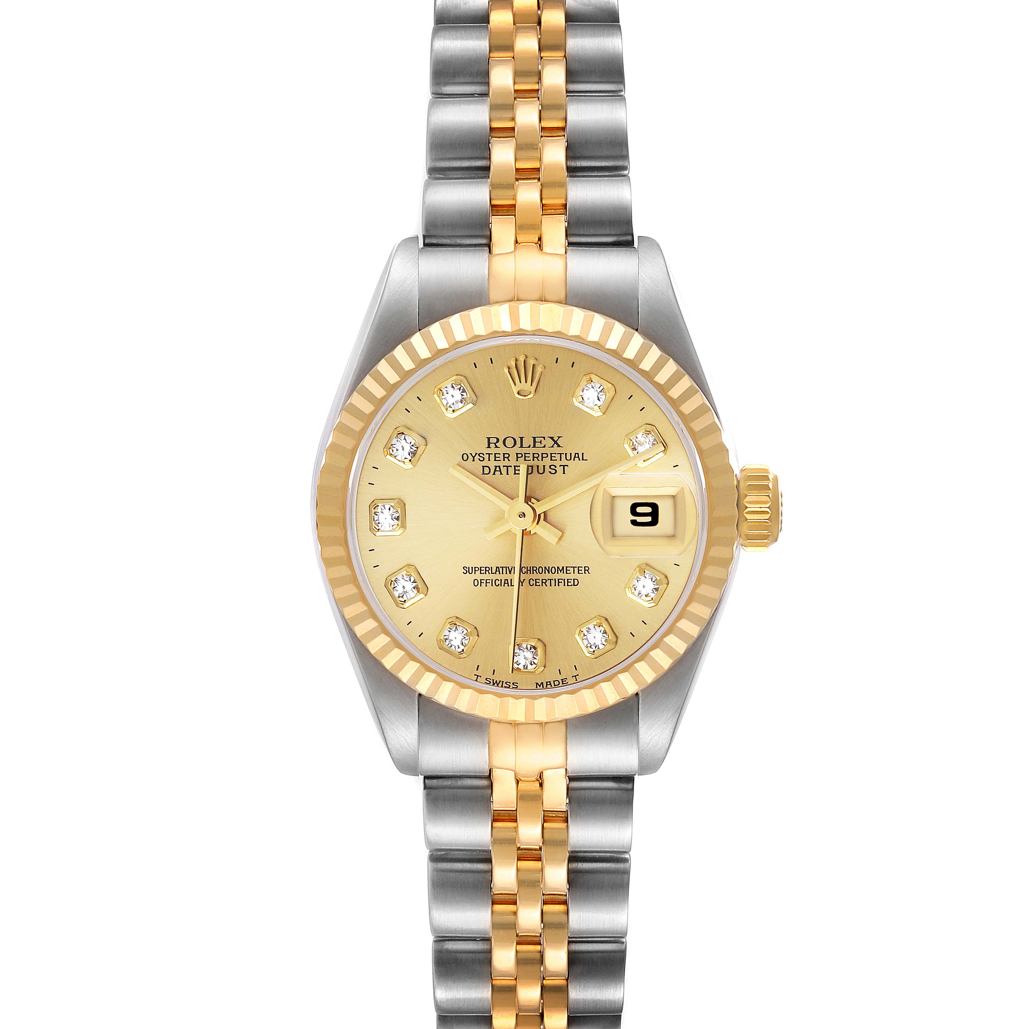 The image shows a frontal view of a Rolex Datejust 69173 Women's Steel and Gold (two tone) Champagne Dial 69173 Women's Steel and Gold (two tone) Champagne Dial watch, highlighting its face, bezel, and two-tone bracelet.
