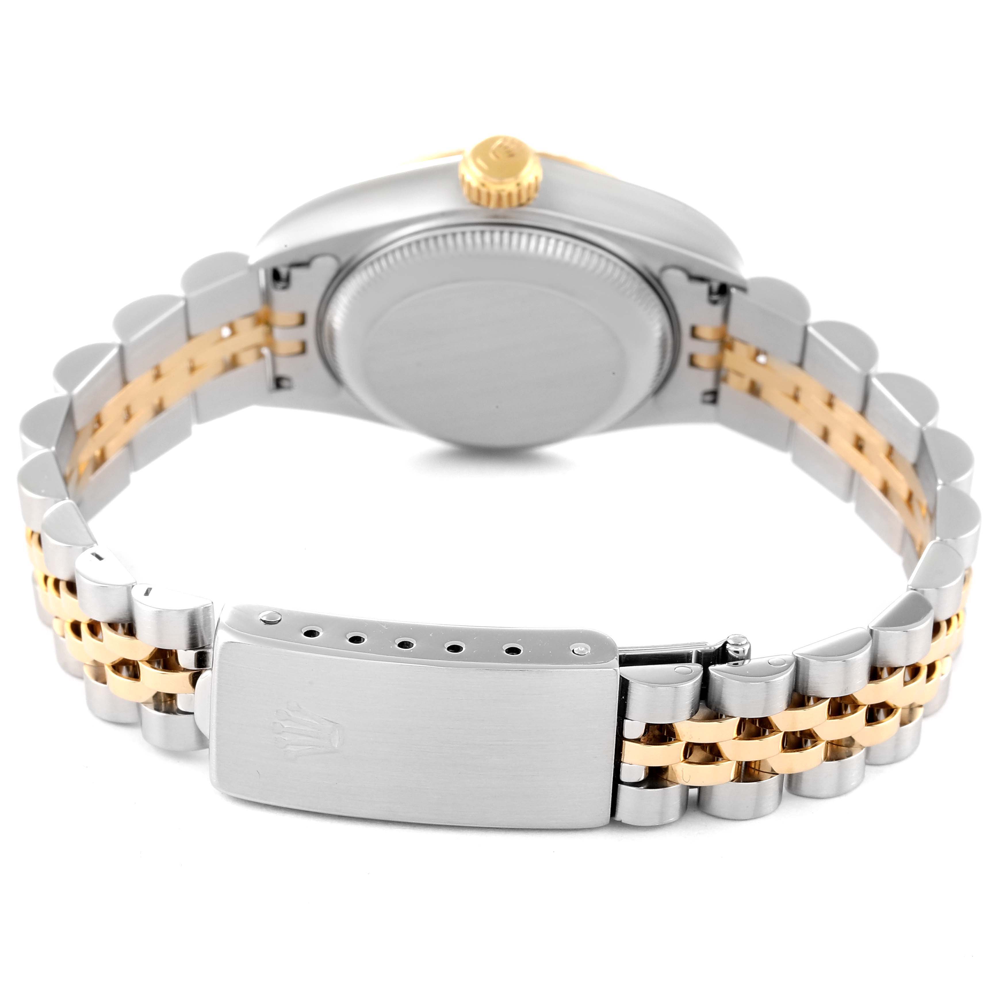 The image shows the back view of a Rolex Datejust 69173 Women's Steel and Gold (two tone) Champagne Dial 69173 Women's Steel and Gold (two tone) Champagne Dial watch, highlighting its two-tone bracelet and clasp.