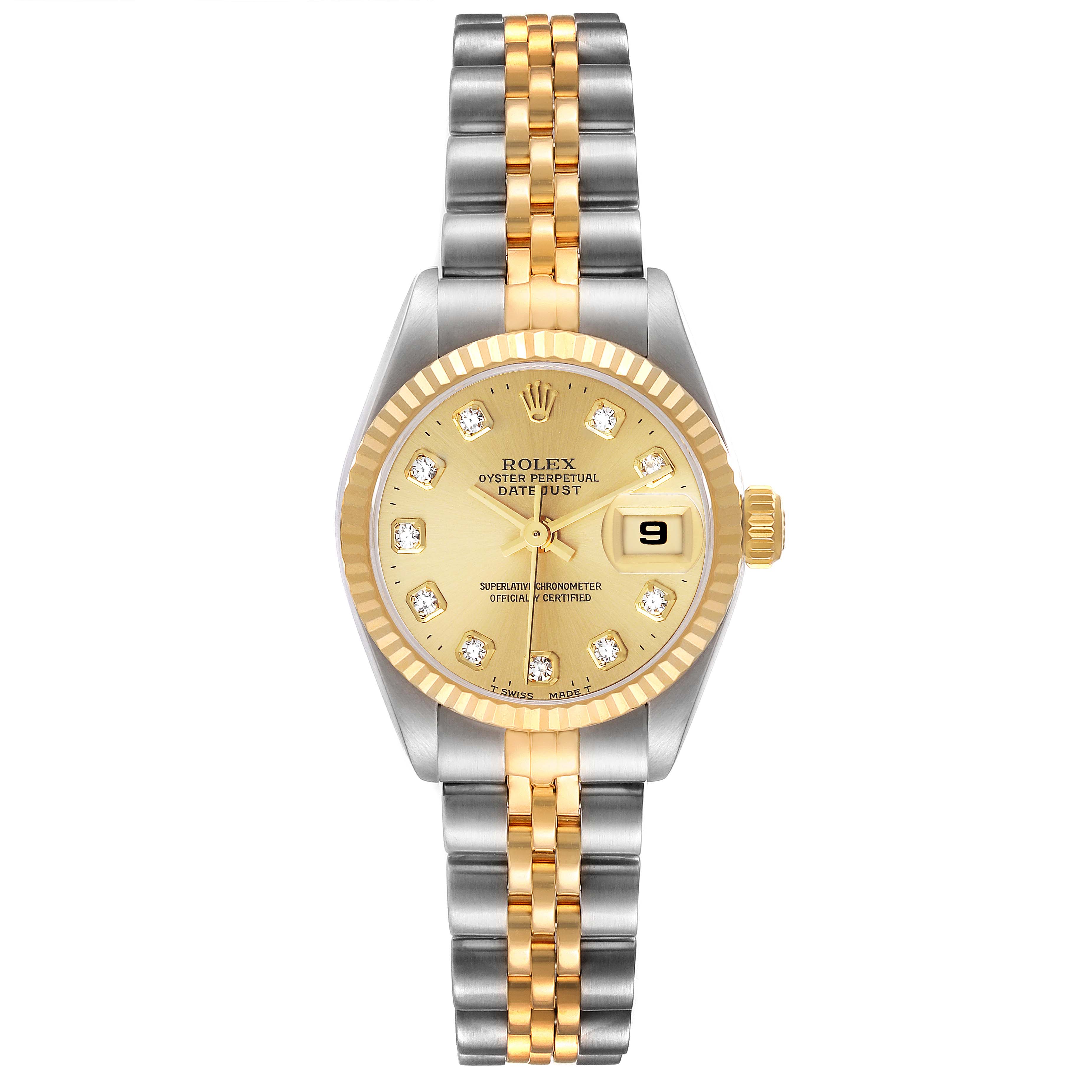 The image shows a front view of a Rolex Datejust 69173 Women's Steel and Gold (two tone) Champagne Dial 69173 Women's Steel and Gold (two tone) Champagne Dial watch, highlighting its gold and silver bracelet, gold dial, and date display at 3 o'clock.