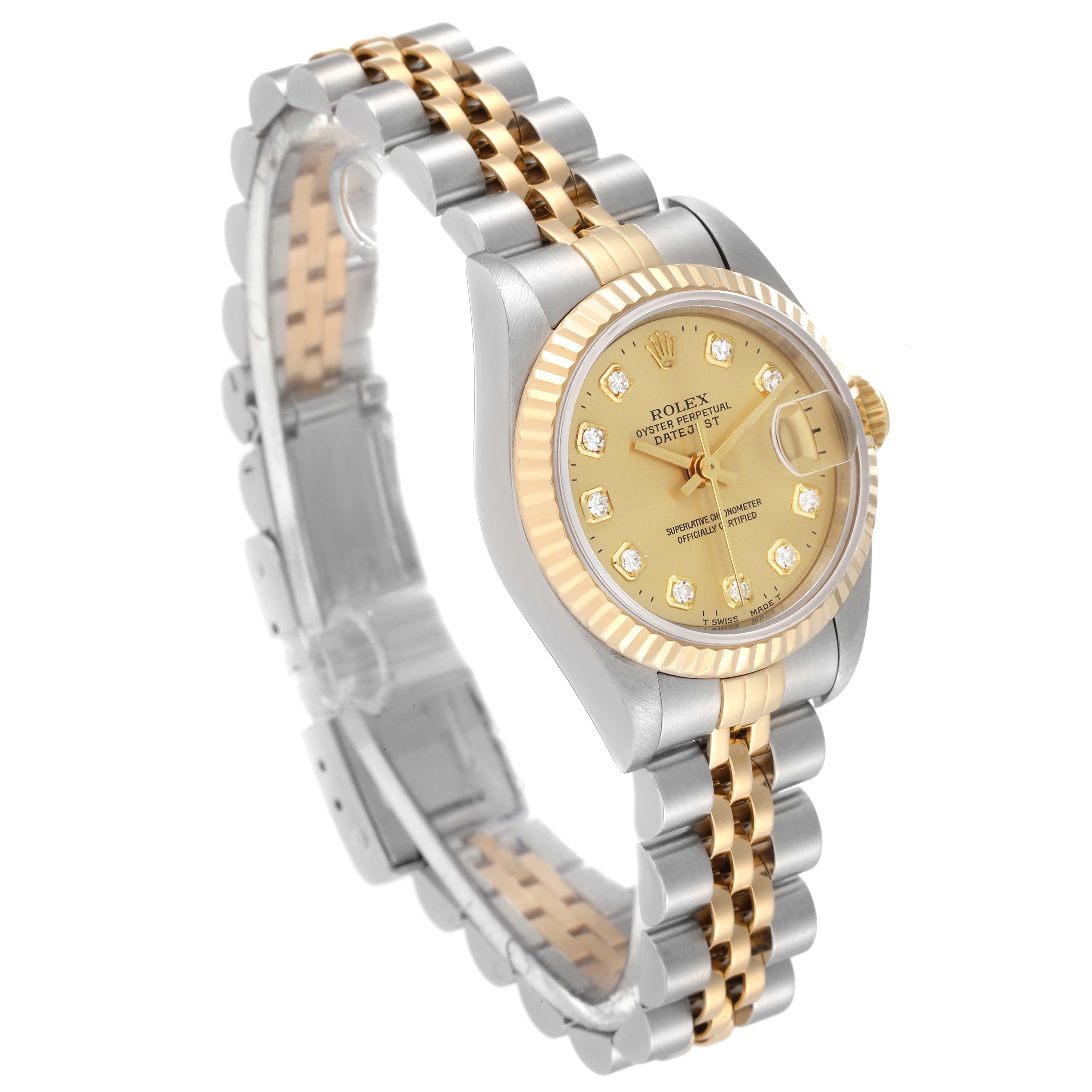 This image shows a Rolex Datejust 69173 Women's Steel and Gold (two tone) Champagne Dial 69173 Women's Steel and Gold (two tone) Champagne Dial watch from a slight side angle, highlighting its gold and silver bracelet and diamond-accented dial.