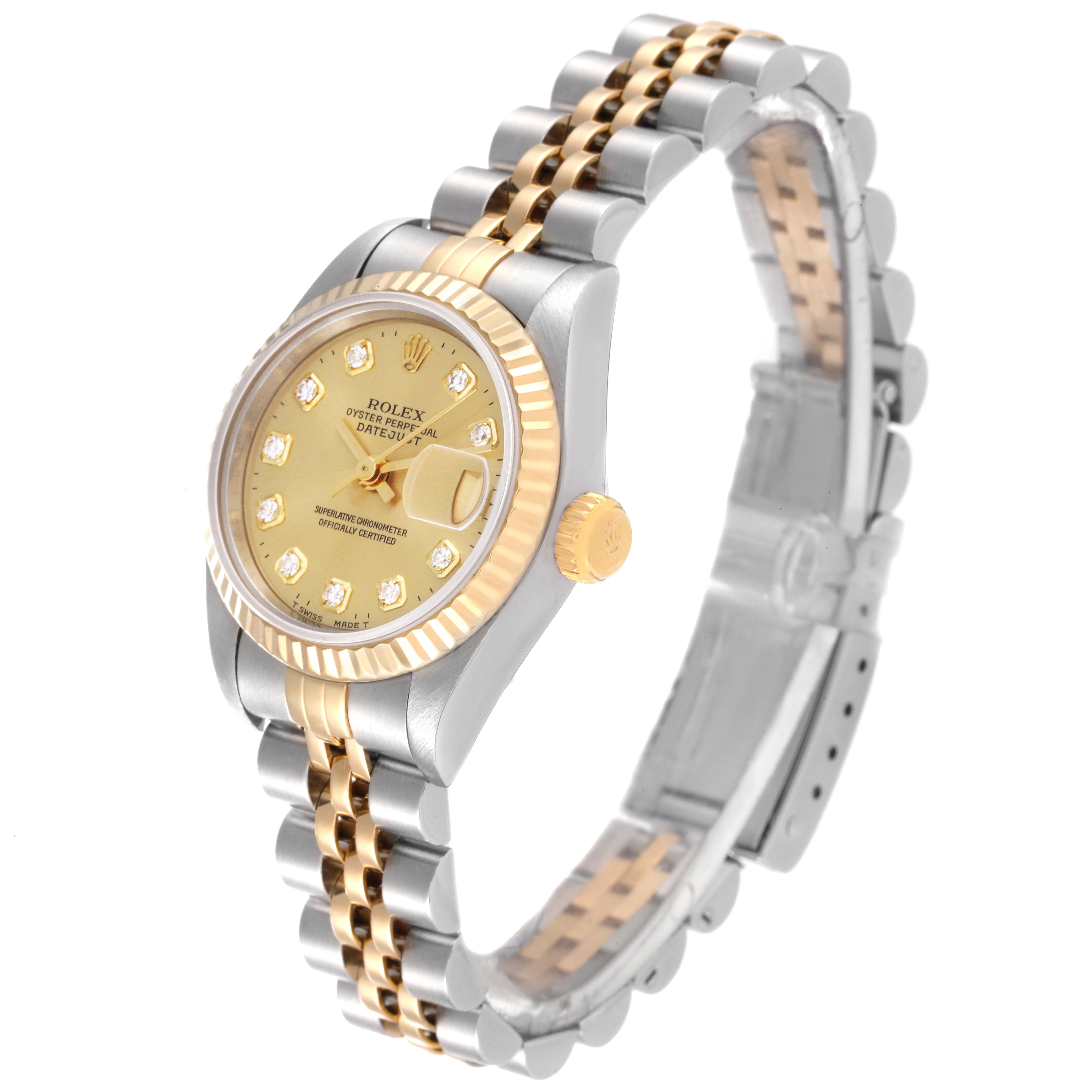 The image shows a side angle of the Rolex Datejust 69173 Women's Steel and Gold (two tone) Champagne Dial 69173 Women's Steel and Gold (two tone) Champagne Dial watch, highlighting its gold and silver bracelet and diamond-studded face.