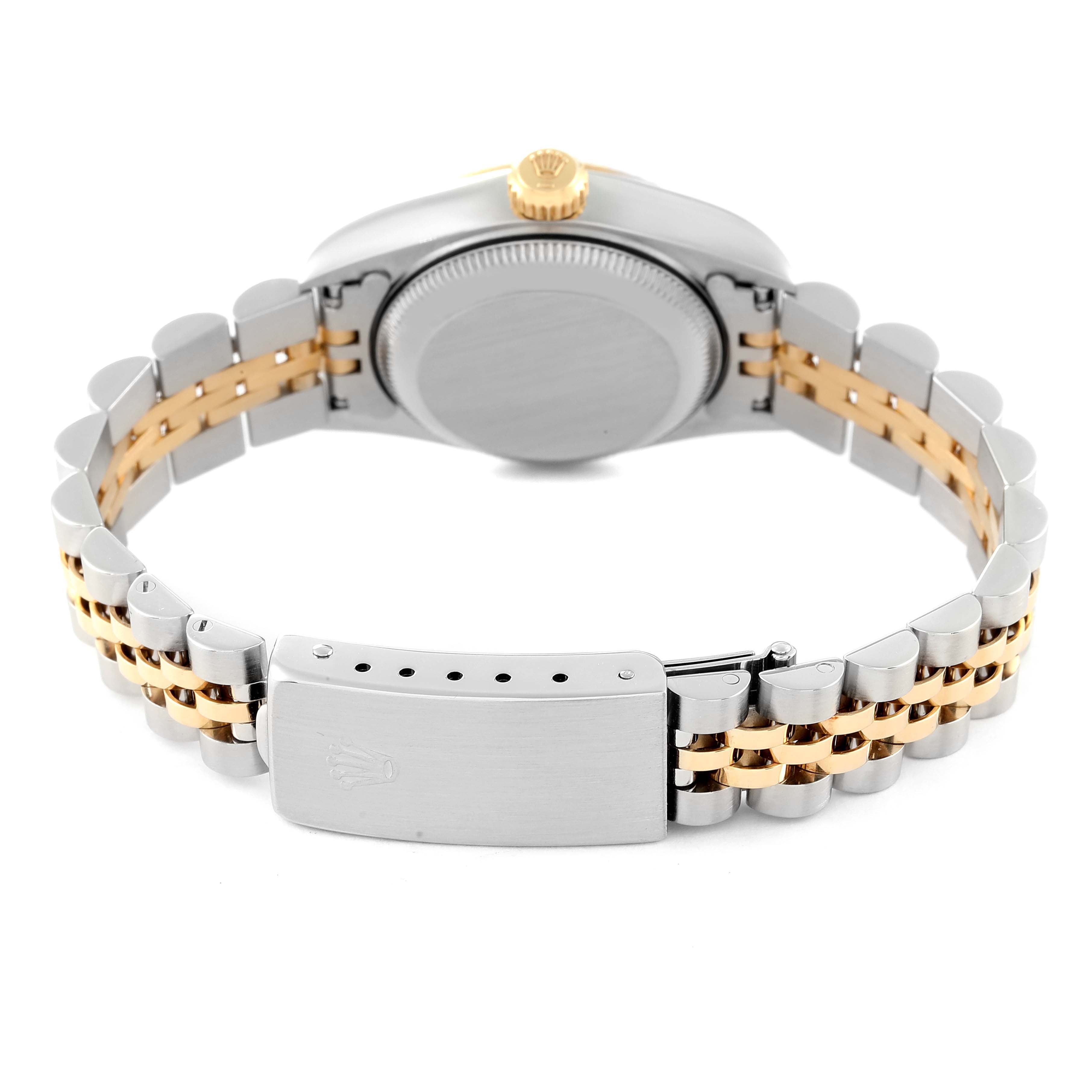 This image shows the back of a Rolex Datejust 69173 Women's Steel and Gold (two tone) Champagne Dial 69173 Women's Steel and Gold (two tone) Champagne Dial watch, highlighting the case back, crown, and two-tone Jubilee bracelet with a clasp.