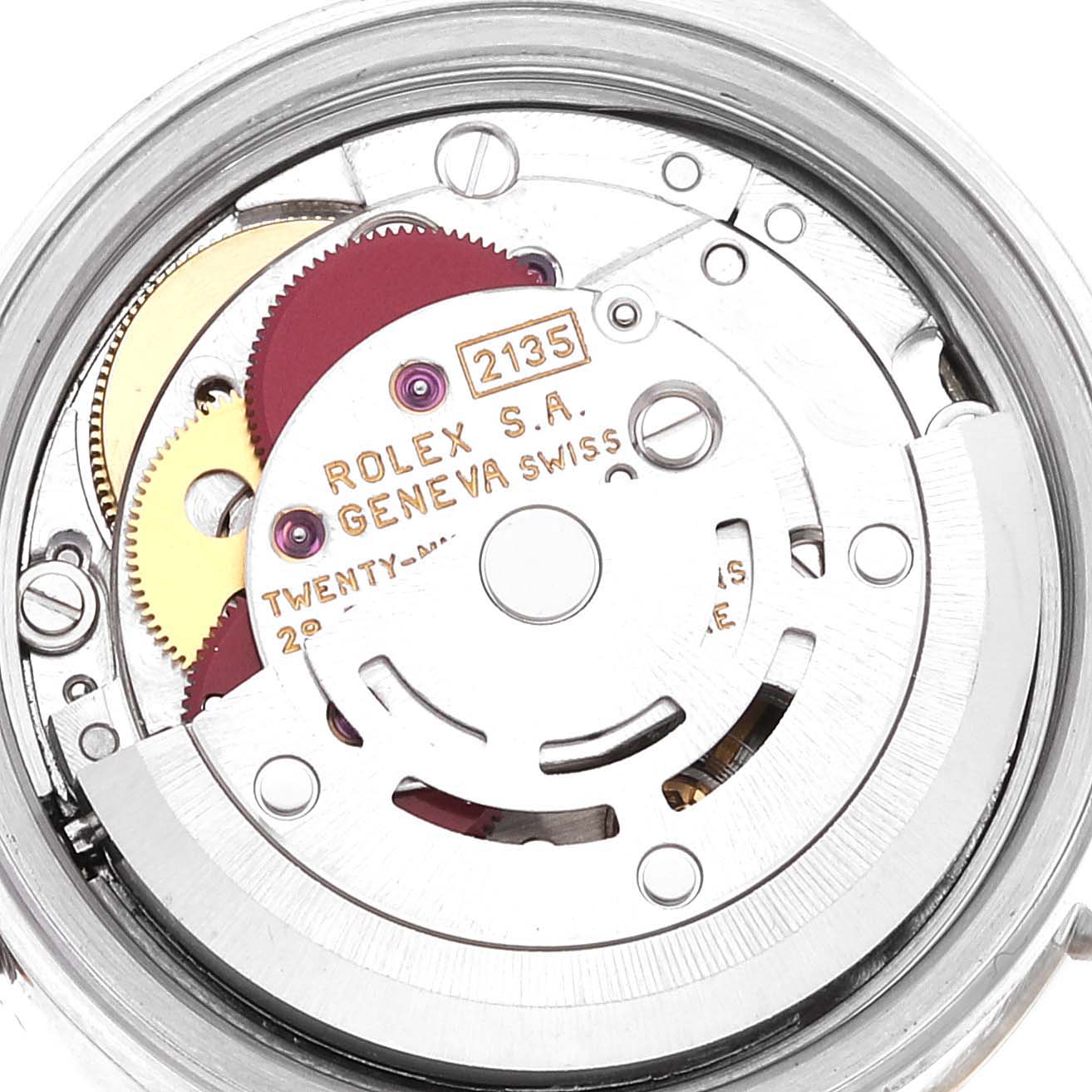 This image shows the internal mechanics of a Rolex Datejust 69173 Women's Steel and Gold (two tone) Champagne Dial 69173 Women's Steel and Gold (two tone) Champagne Dial watch, specifically the movement and rotor, from a top-down angle.