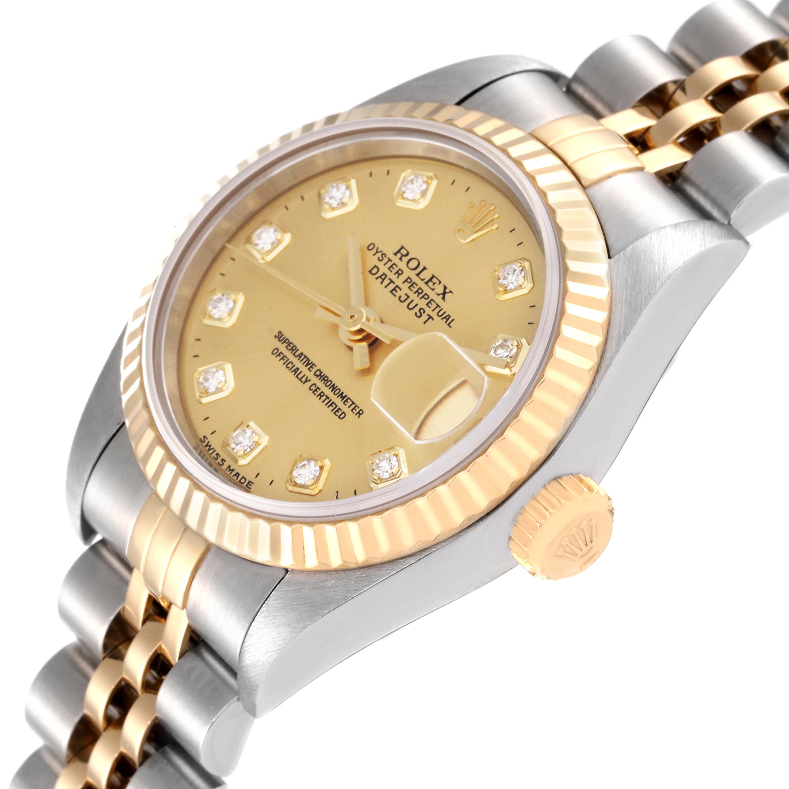 The Rolex Datejust 69173 Women's Steel and Gold (two tone) Champagne Dial 69173 Women's Steel and Gold (two tone) Champagne Dial watch is shown at an oblique angle, highlighting the gold dial, fluted bezel, and two-tone bracelet.