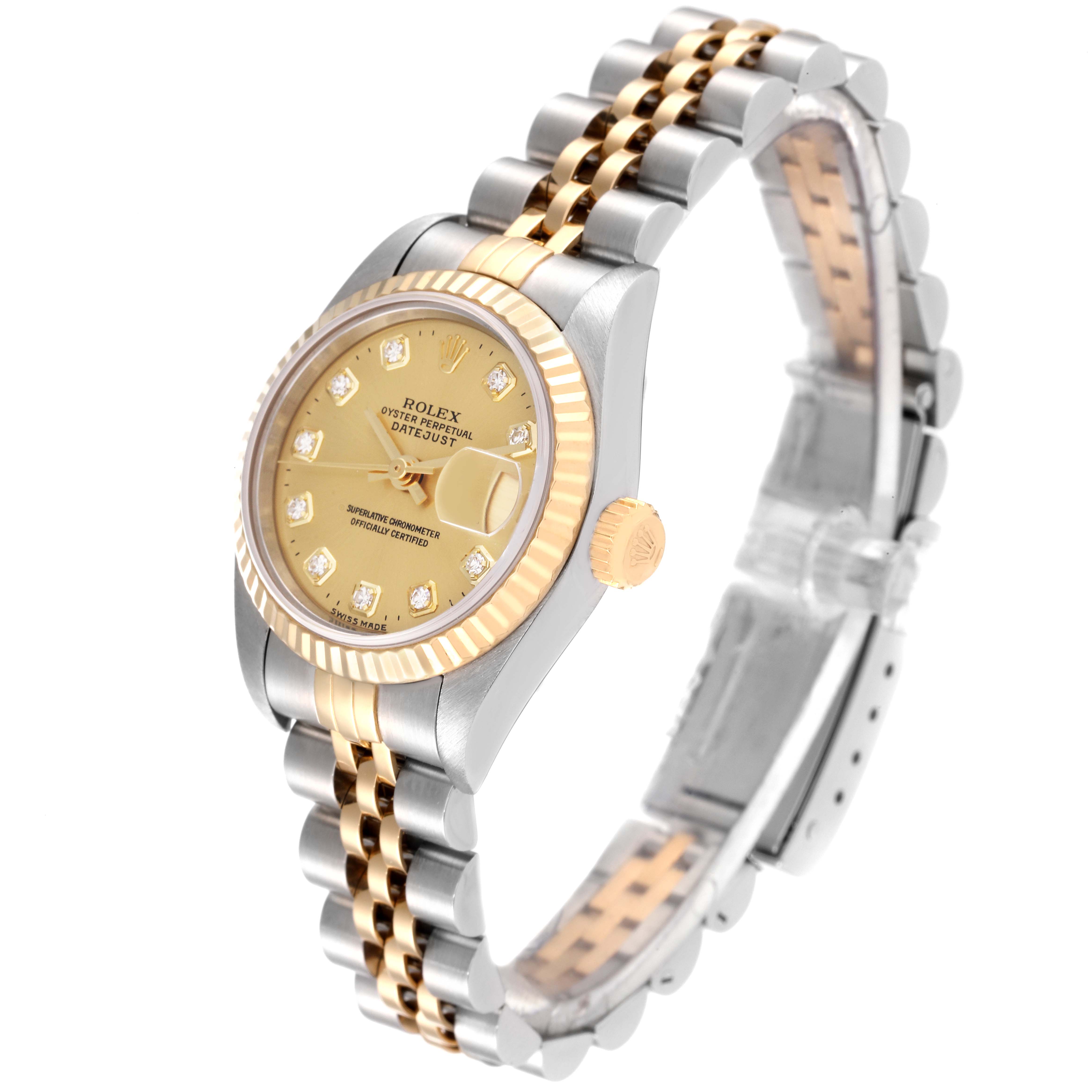 This image shows the Rolex Datejust 69173 Women's Steel and Gold (two tone) Champagne Dial 69173 Women's Steel and Gold (two tone) Champagne Dial watch angled slightly from above, displaying its two-tone bracelet, bezel, and dial with diamond markers.
