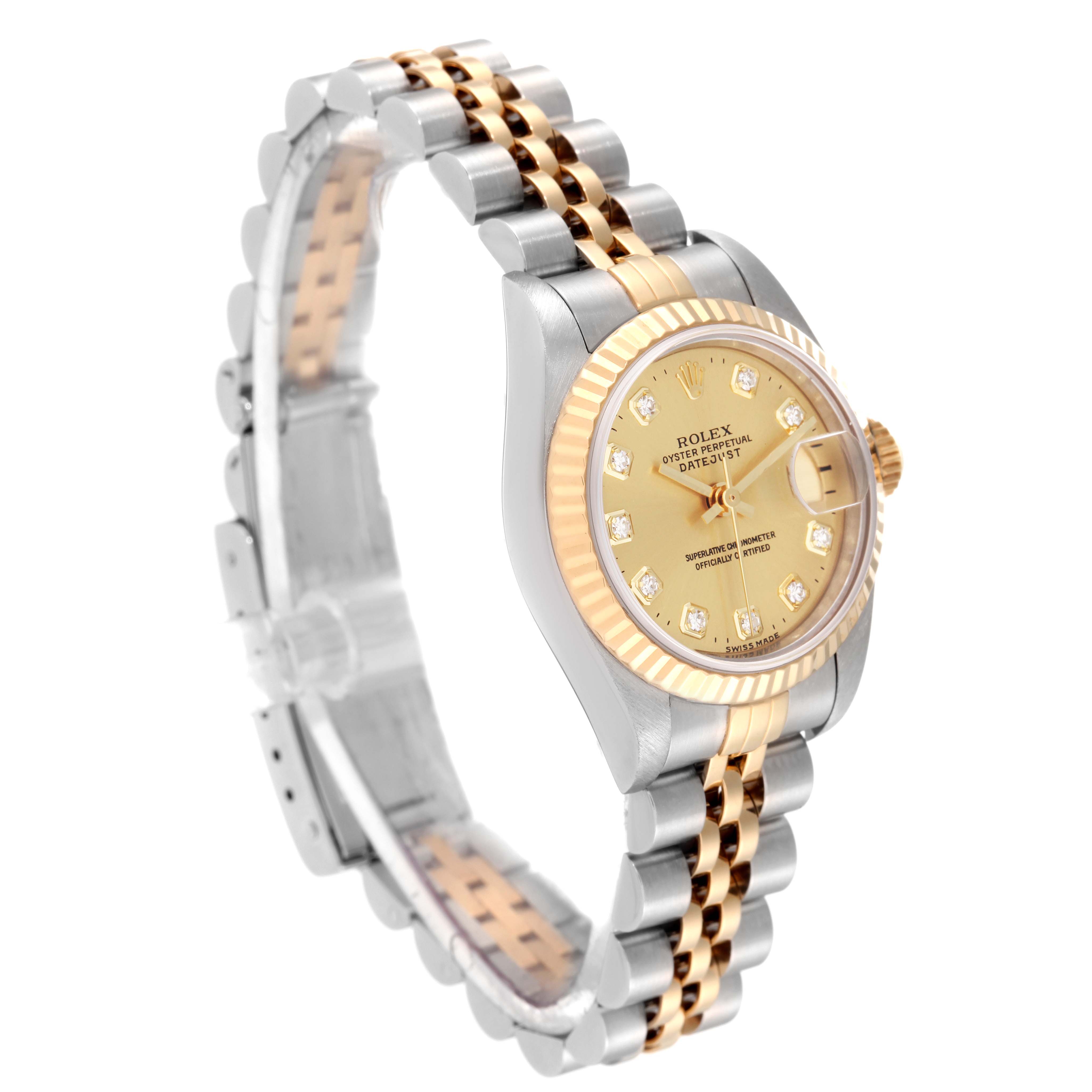 The image shows a side view of a Rolex Datejust 69173 Women's Steel and Gold (two tone) Champagne Dial 69173 Women's Steel and Gold (two tone) Champagne Dial watch, highlighting the two-toned bracelet, bezel, and dial with diamond markers.