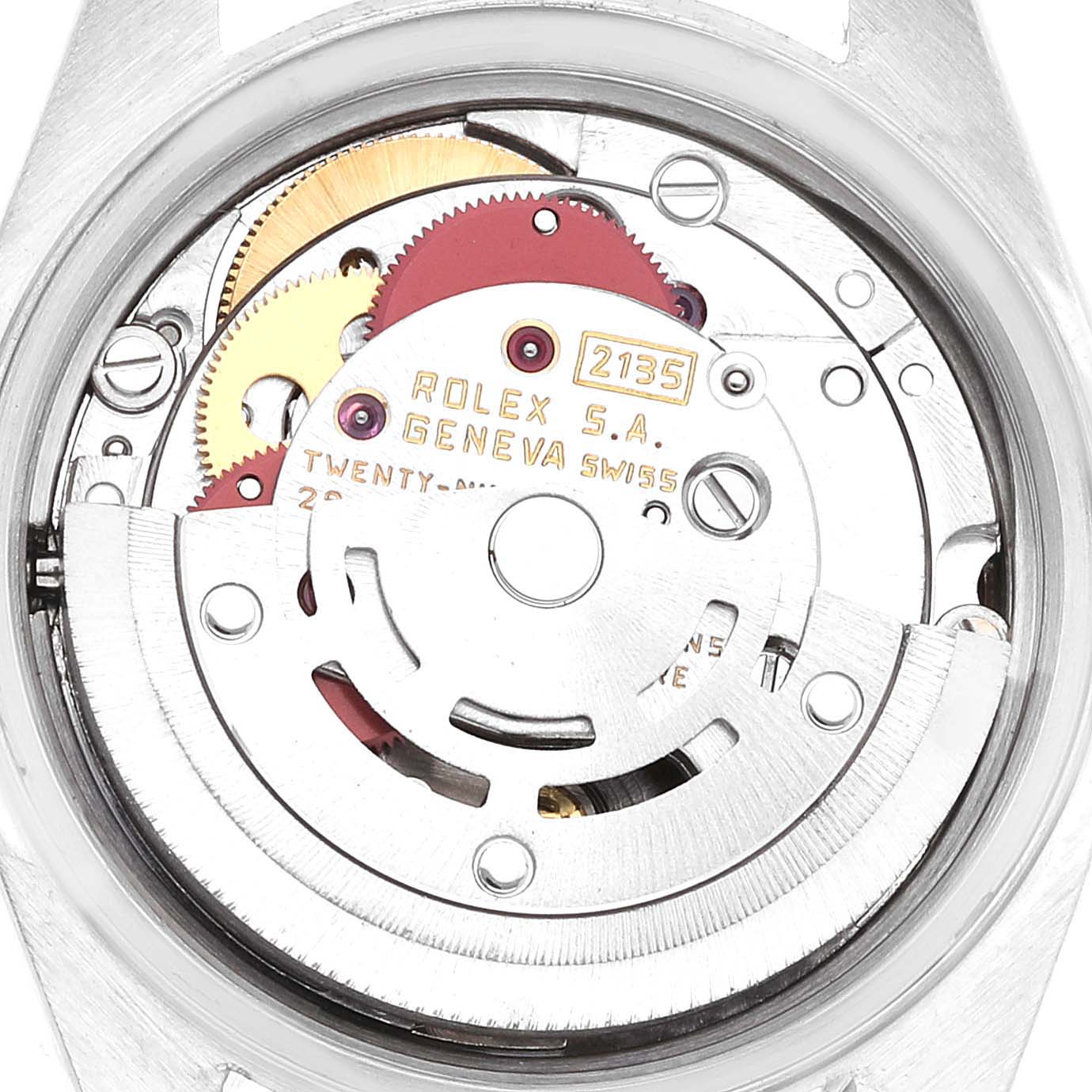 This image shows the internal mechanism of a Rolex Datejust 69173 Women's Steel and Gold (two tone) Champagne Dial 69173 Women's Steel and Gold (two tone) Champagne Dial Model, viewed from the back, highlighting the gears and movement components.