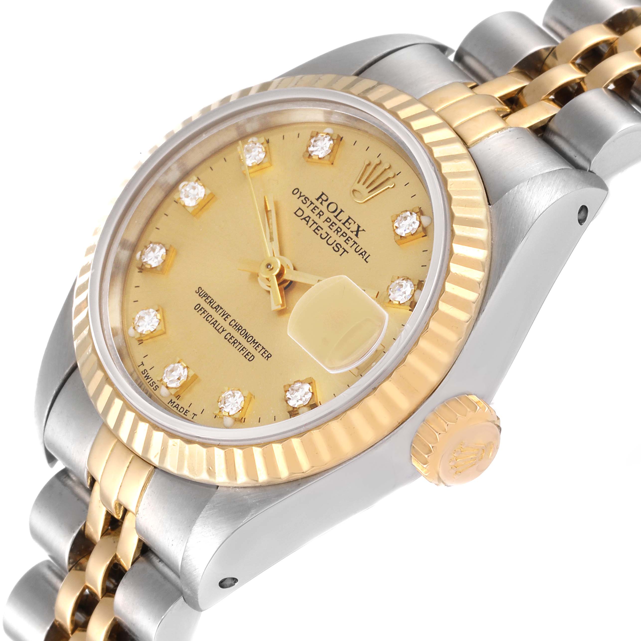 The image shows an angled close-up of the Rolex Datejust 69173 Women's Steel and Gold (two tone) Champagne Dial 69173 Women's Steel and Gold (two tone) Champagne Dial watch, highlighting the gold dial, diamond markers, bezel, and crown.