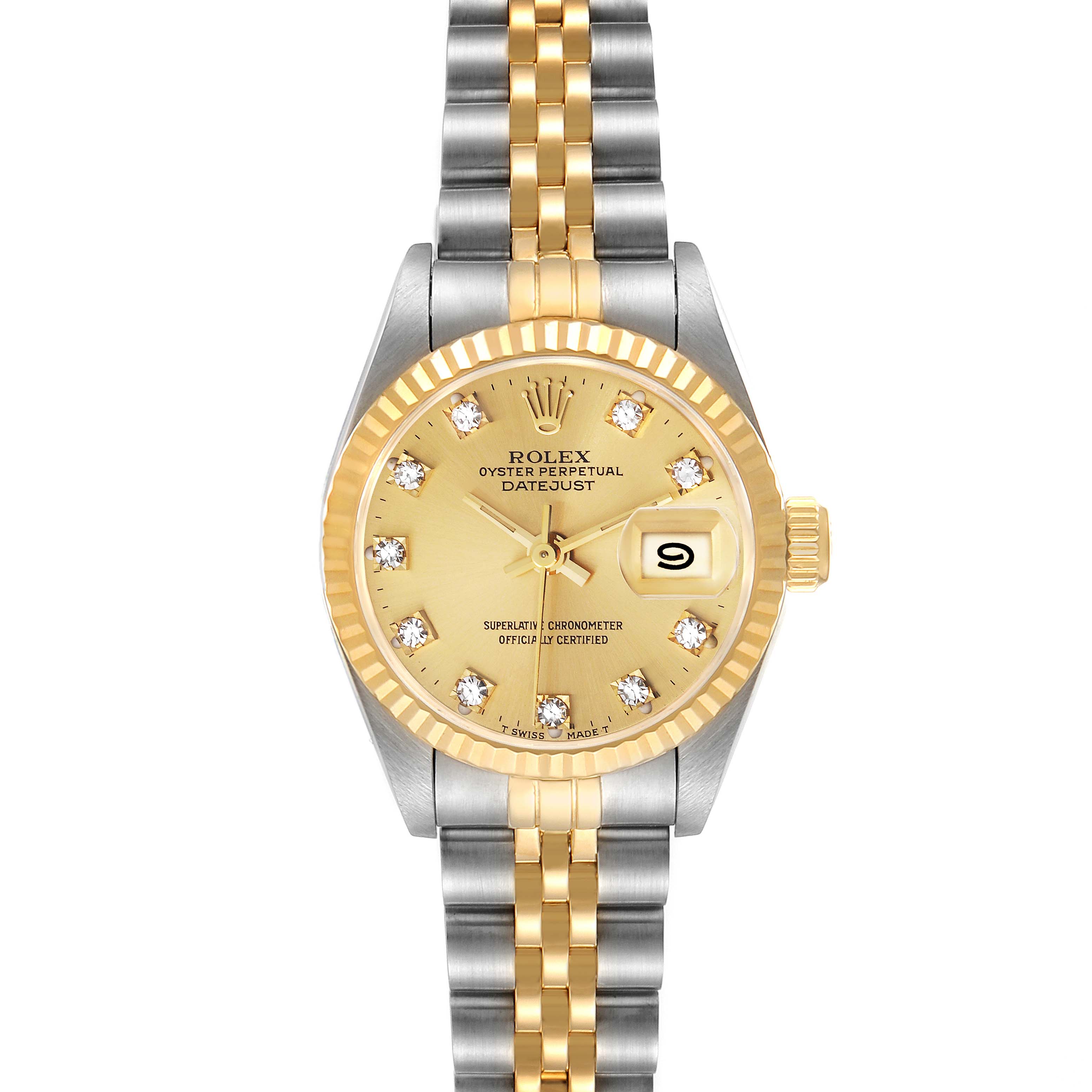 The image shows a Rolex Datejust 69173 Women's Steel and Gold (two tone) Champagne Dial 69173 Women's Steel and Gold (two tone) Champagne Dial watch from a top-down angle, highlighting the dial, bezel, and bracelet.