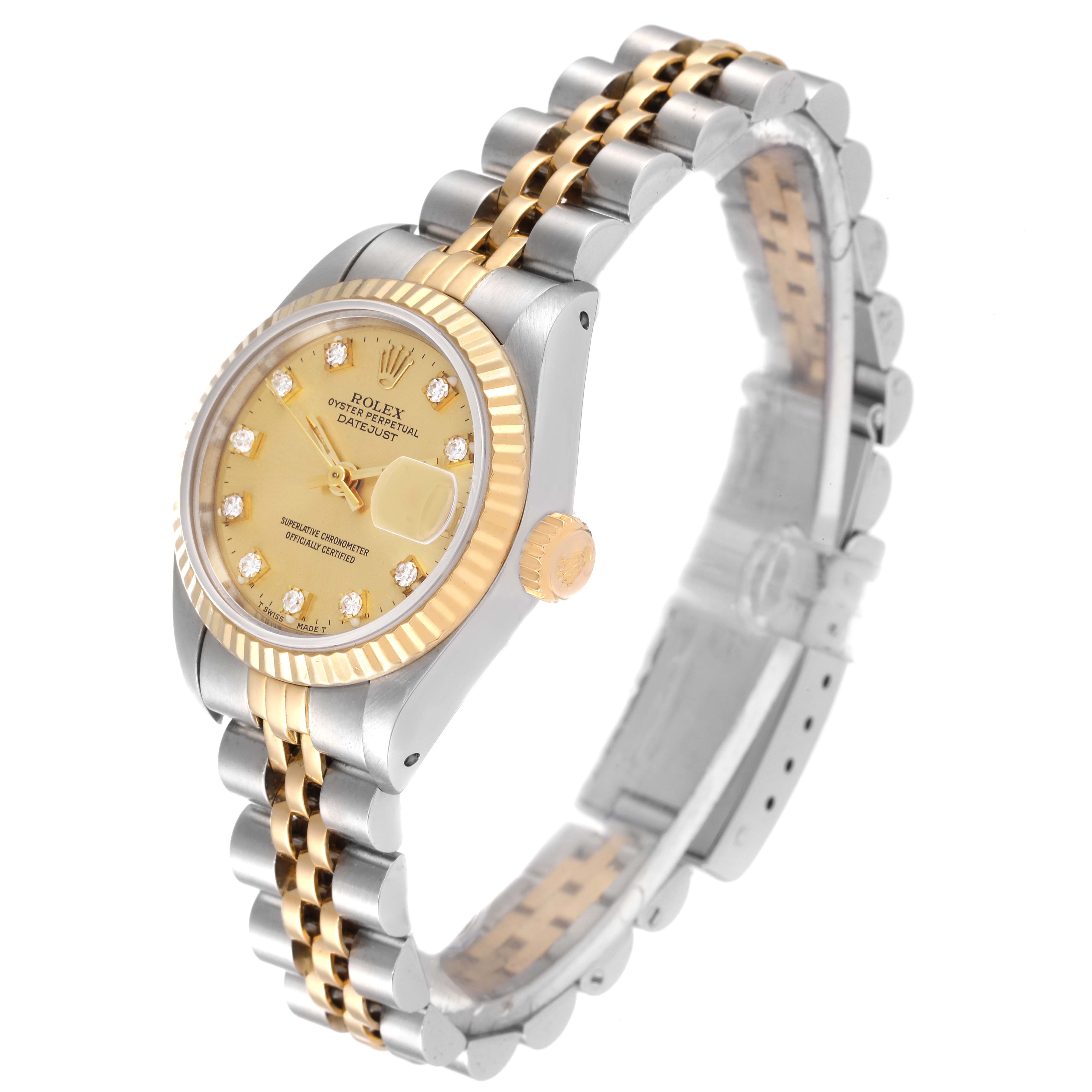 This image shows a side angle of the Rolex Datejust 69173 Women's Steel and Gold (two tone) Champagne Dial 69173 Women's Steel and Gold (two tone) Champagne Dial watch, featuring its bezel, face, crown, and two-tone bracelet.