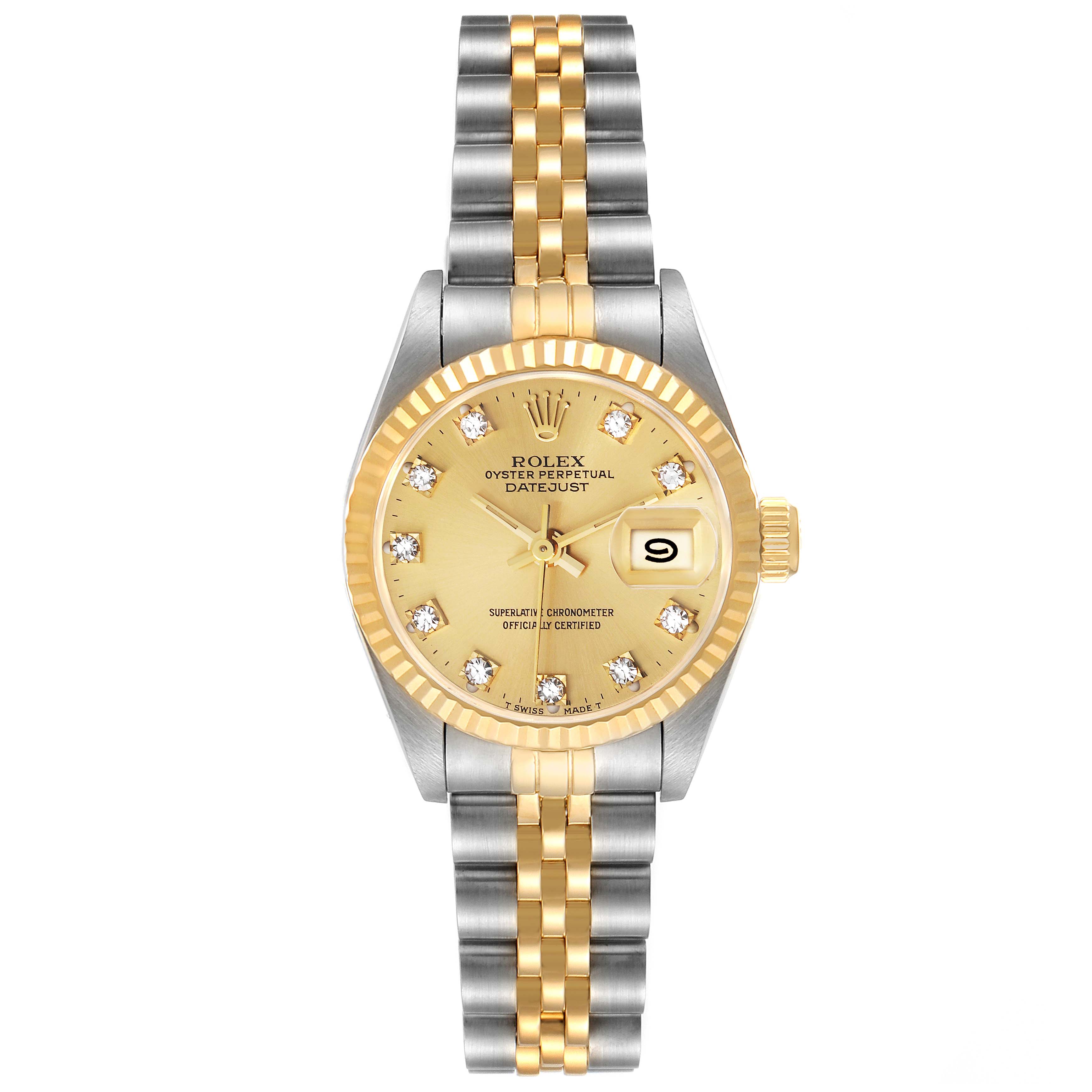 This Rolex Datejust 69173 Women's Steel and Gold (two tone) Champagne Dial 69173 Women's Steel and Gold (two tone) Champagne Dial watch is shown from a top-down angle, featuring its dial, bracelet, and date window.