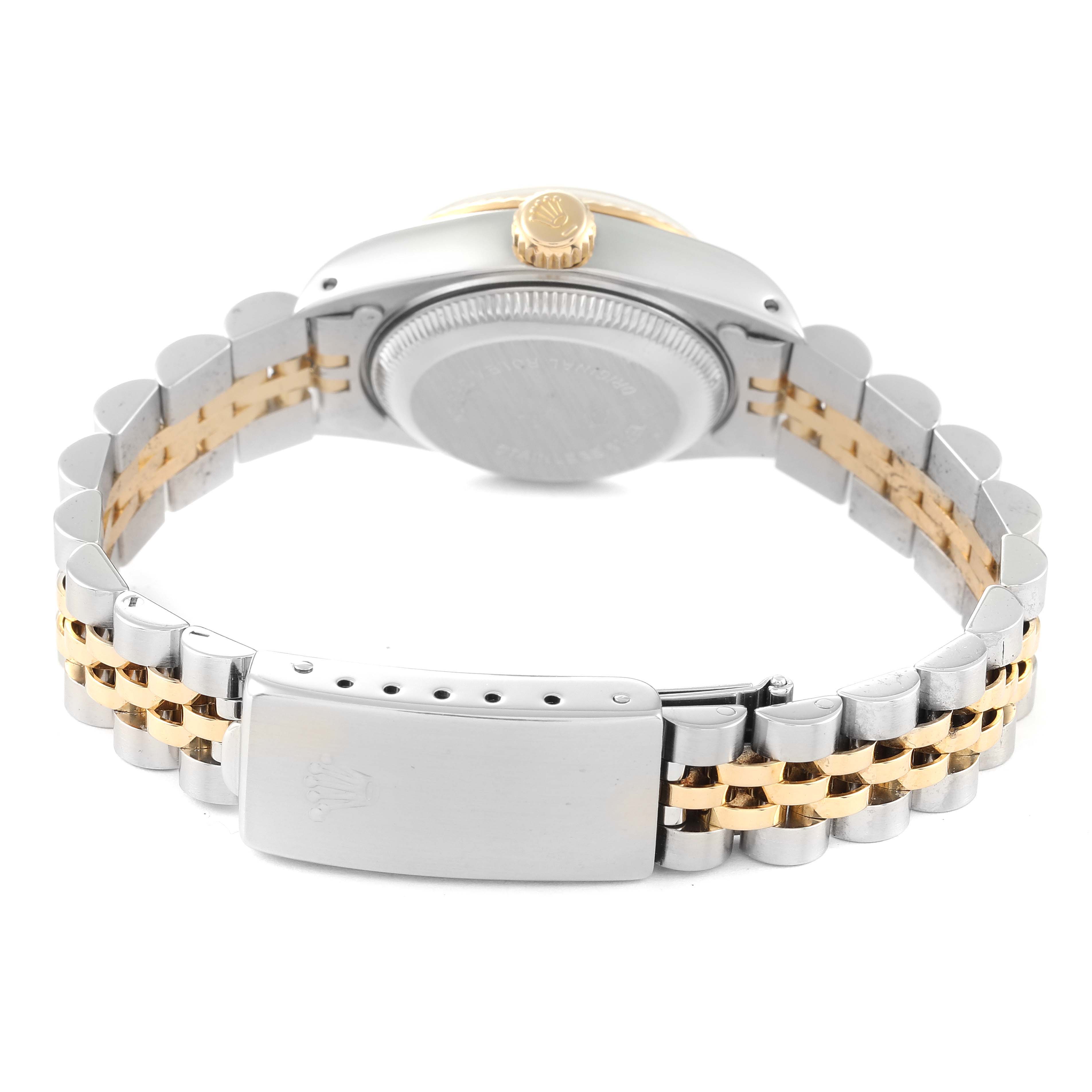 This image shows a rear view of a Rolex Datejust 69173 Women's Steel and Gold (two tone) Champagne Dial 69173 Women's Steel and Gold (two tone) Champagne Dial watch, highlighting its stainless steel and gold jubilee bracelet and clasp.