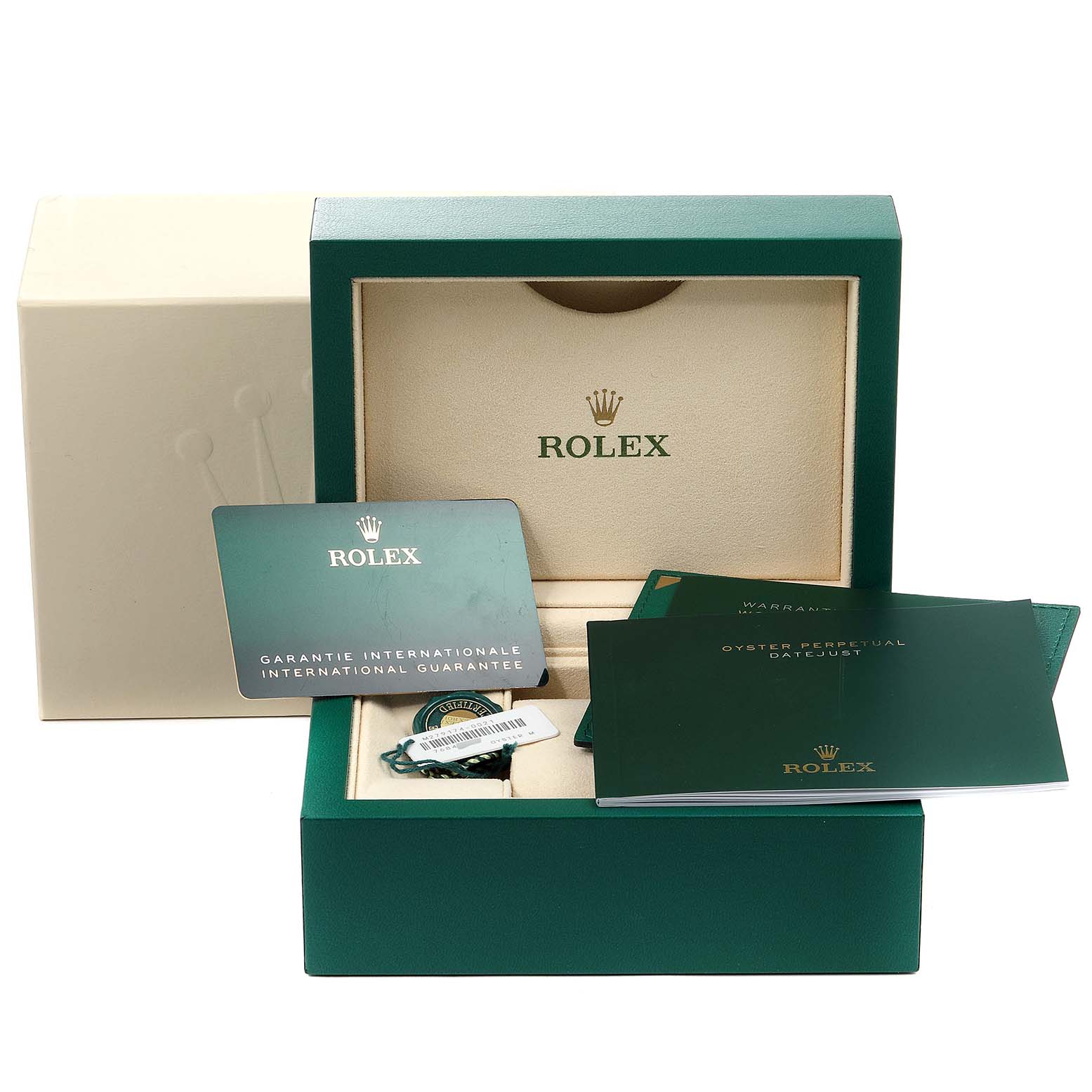 The image shows the packaging and accessories of a Rolex Datejust 279174 Women's Stainless Steel Silver Dial 279174 Women's Stainless Steel Silver Dial, including the box, warranty card, and manuals.