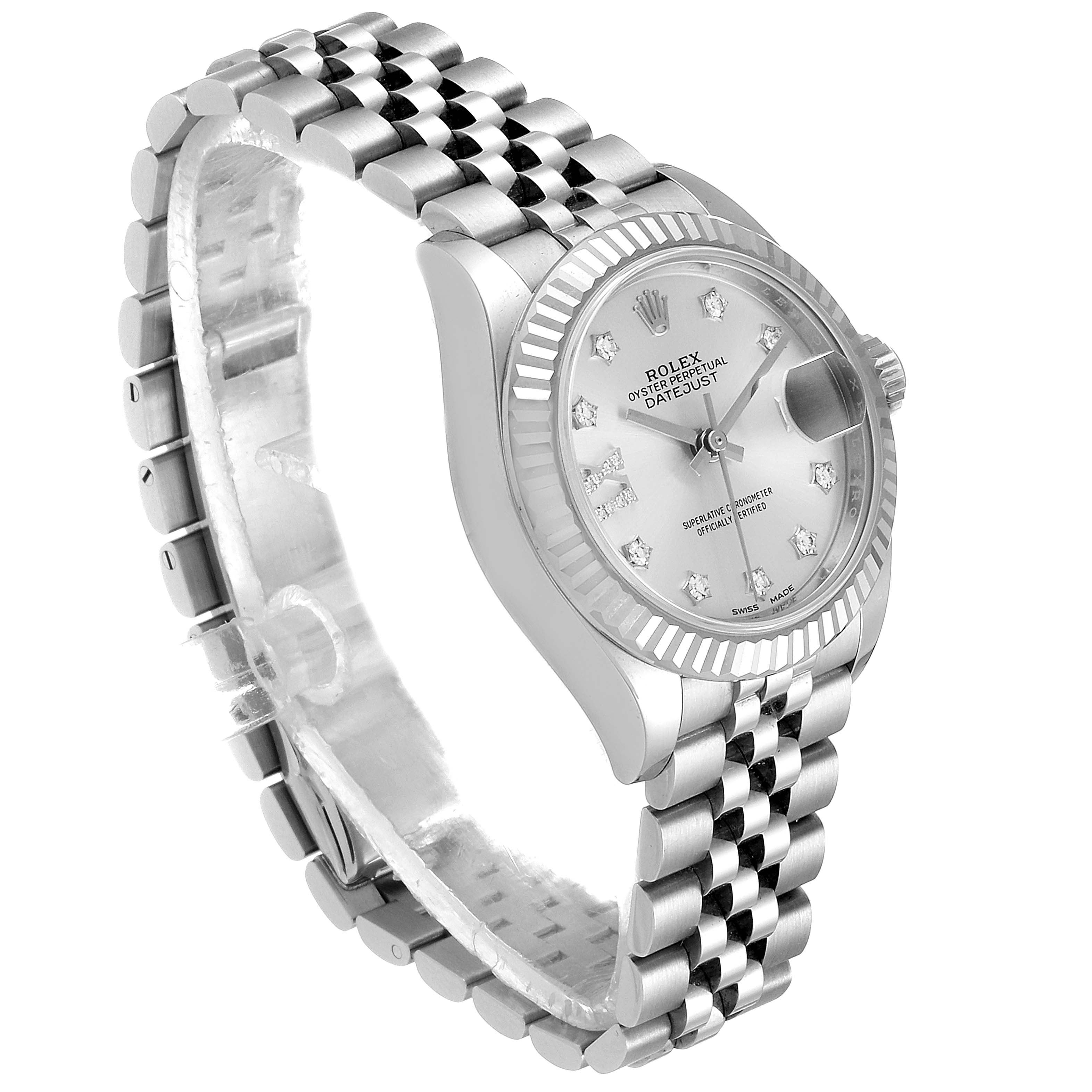 The Rolex Datejust 279174 Women's Stainless Steel Silver Dial 279174 Women's Stainless Steel Silver Dial watch is shown from a front-left angle, highlighting its fluted bezel, jubilee bracelet, and diamond-set dial.