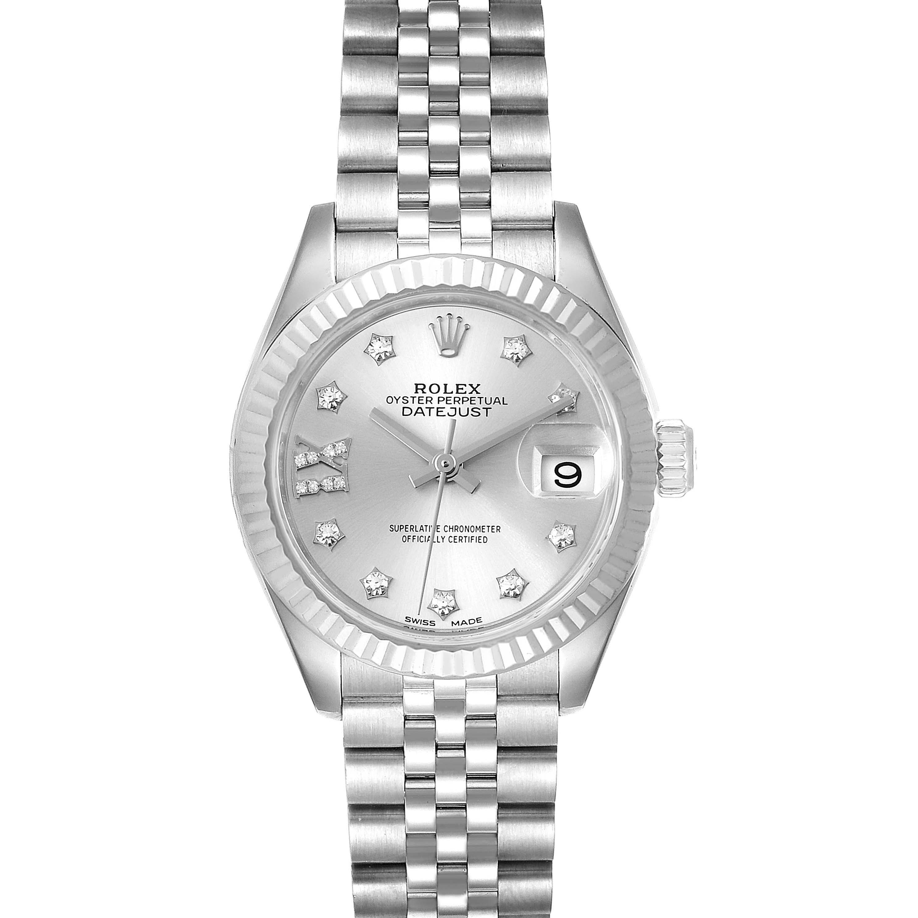 The image shows a front view of a Rolex Datejust 279174 Women's Stainless Steel Silver Dial 279174 Women's Stainless Steel Silver Dial watch, displaying its silver dial, date window, and jubilee bracelet.
