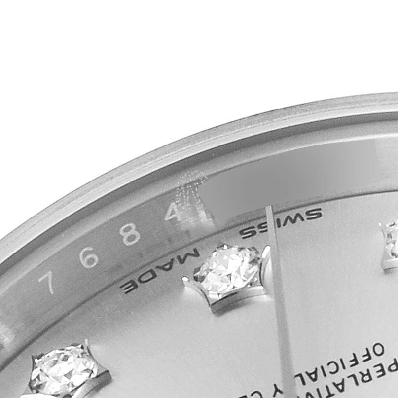 The image shows a close-up of the dial, bezel, and diamond hour markers of a Rolex Datejust 279174 Women's Stainless Steel Silver Dial 279174 Women's Stainless Steel Silver Dial watch.