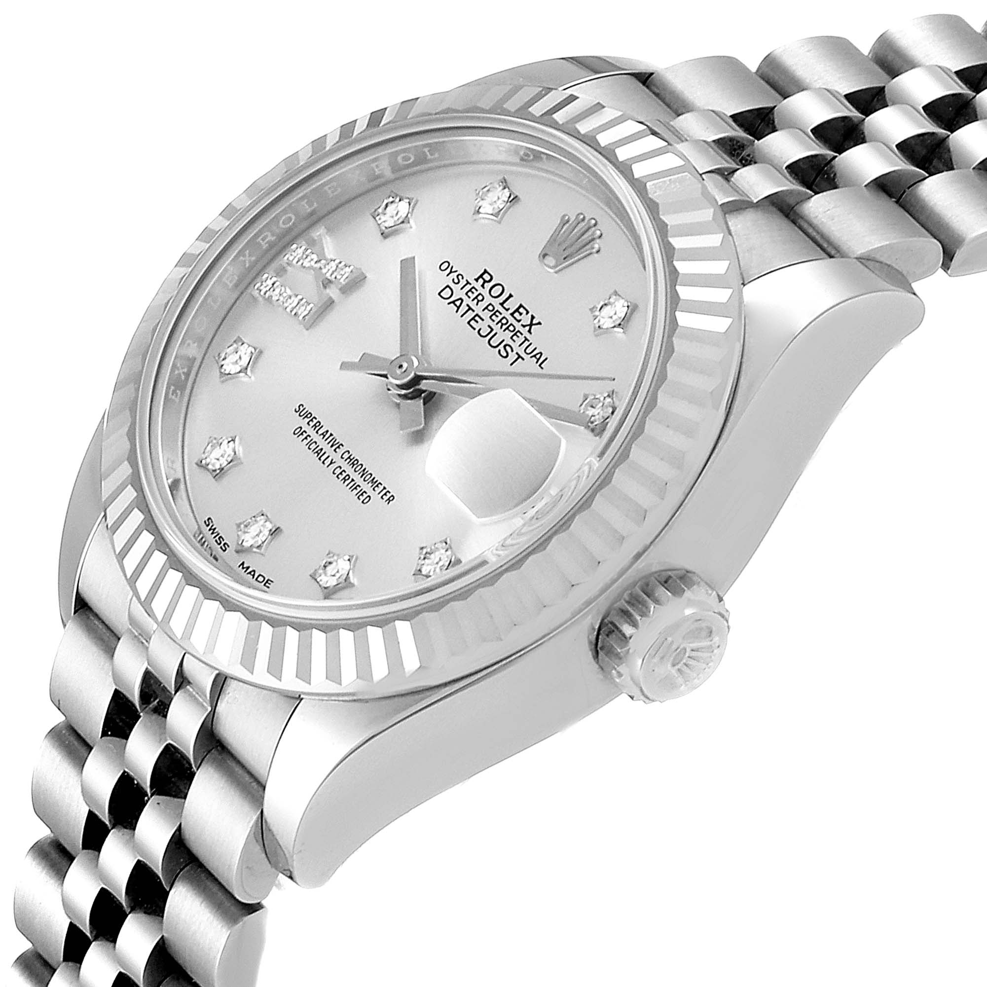 This Rolex Datejust 279174 Women's Stainless Steel Silver Dial 279174 Women's Stainless Steel Silver Dial watch is shown at a 3/4 angle, highlighting the face, bezel, crown, and part of the bracelet.
