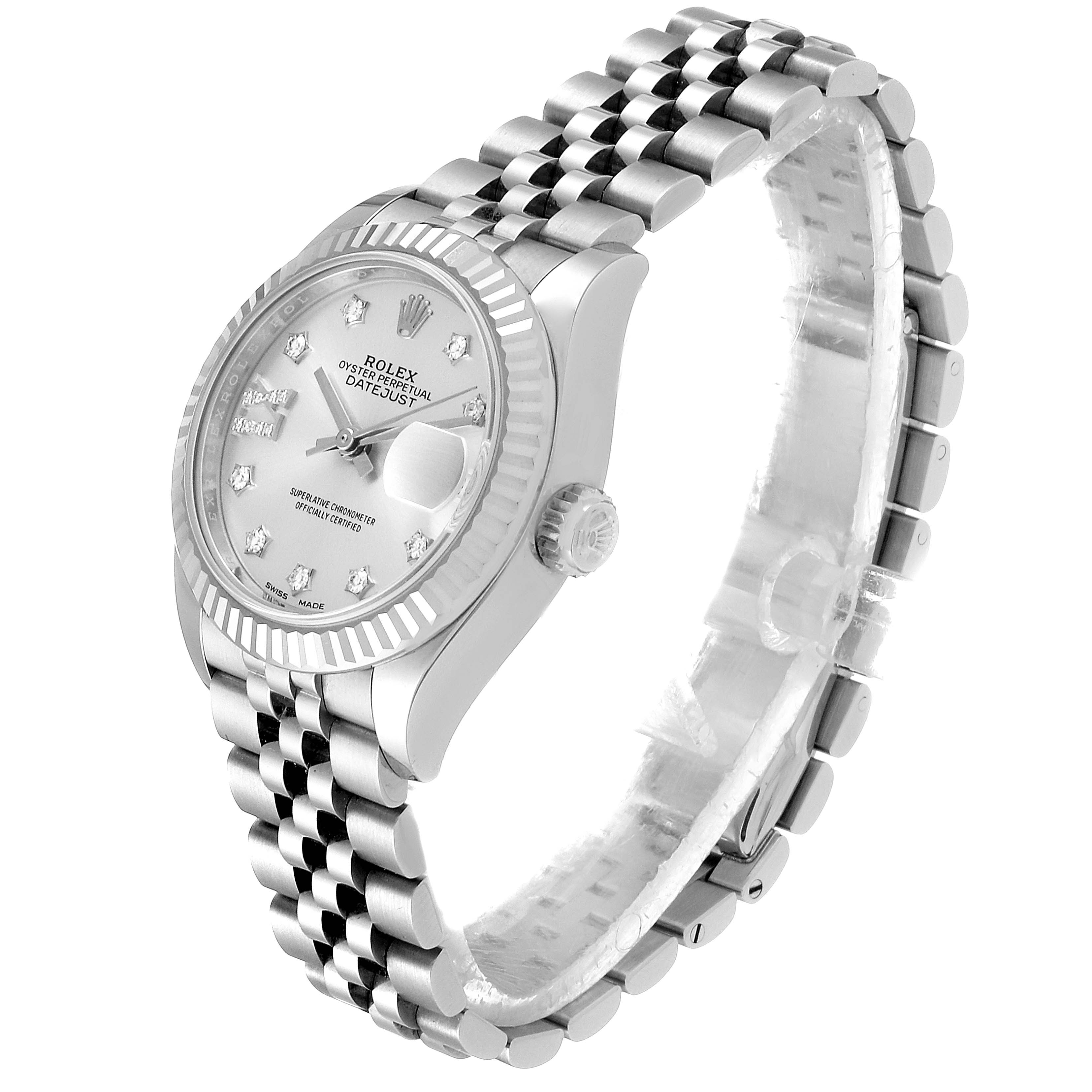 This image shows a side angle of the Rolex Datejust 279174 Women's Stainless Steel Silver Dial 279174 Women's Stainless Steel Silver Dial watch, highlighting the face, bracelet, and crown.