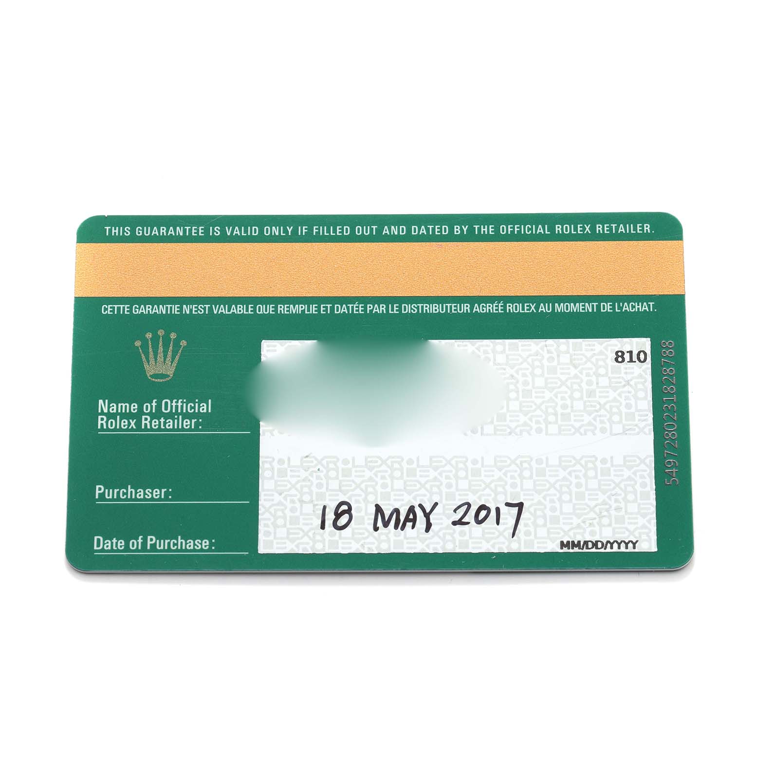 The image shows a Rolex Datejust 279383 Women's Steel and Gold (two tone) Mother of Pearl Dial warranty card from an overhead angle.