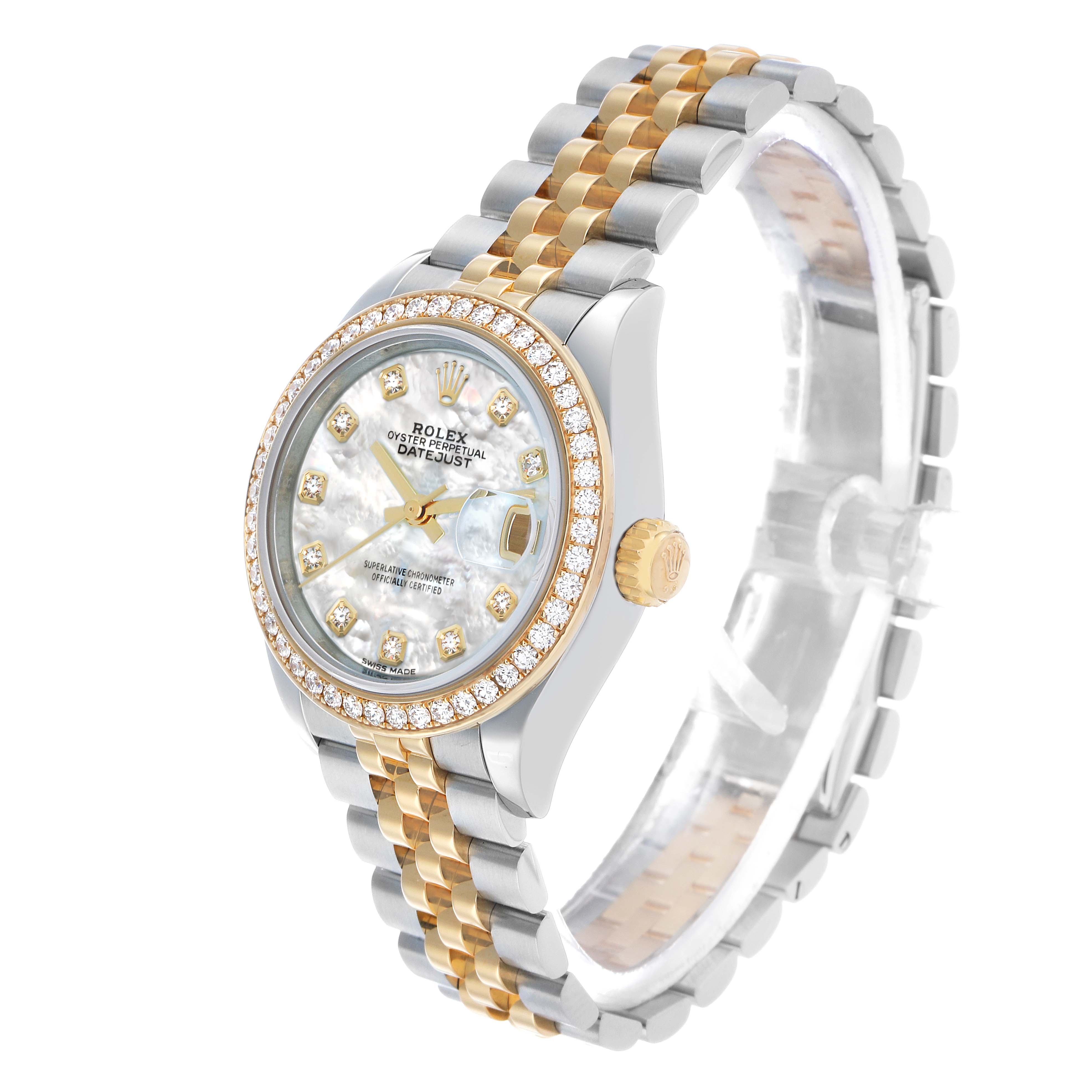 The Rolex Datejust 279383 Women's Steel and Gold (two tone) Mother of Pearl Dial watch is shown from a three-quarter angle, highlighting the bracelet, face, crown, and bezel.