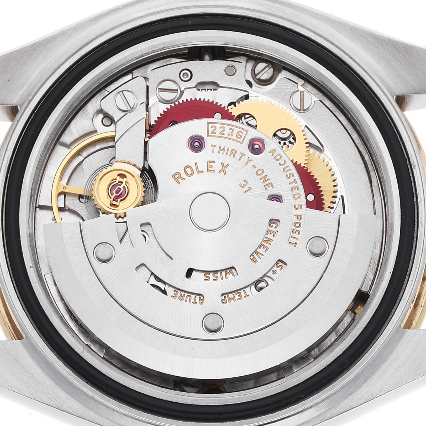 The image shows the Rolex Datejust 279383 Women's Steel and Gold (two tone) Mother of Pearl Dial watch movement from a rear angle, highlighting gears and the rotor.