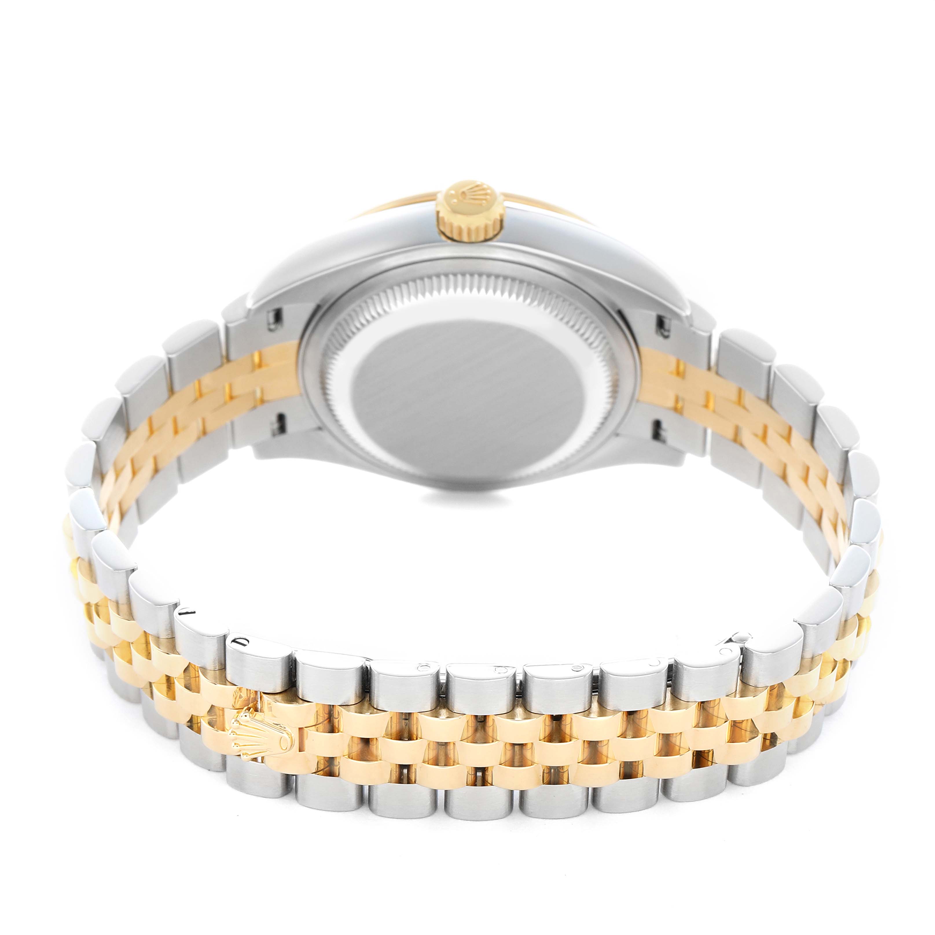 The image shows the back and side of a Rolex Datejust 279383 Women's Steel and Gold (two tone) Mother of Pearl Dial watch, highlighting its two-tone bracelet and crown.