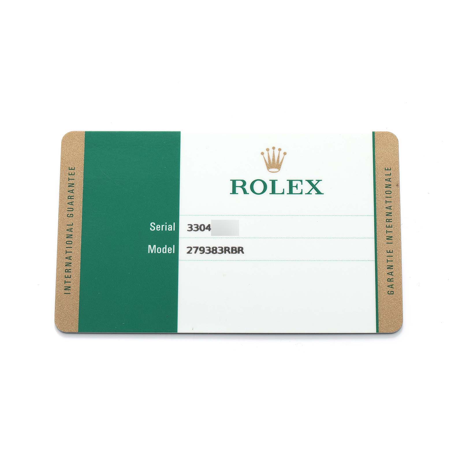 The image shows a Rolex Datejust 279383 Women's Steel and Gold (two tone) Mother of Pearl Dial guarantee card displayed flat, highlighting the brand, serial, and model number.