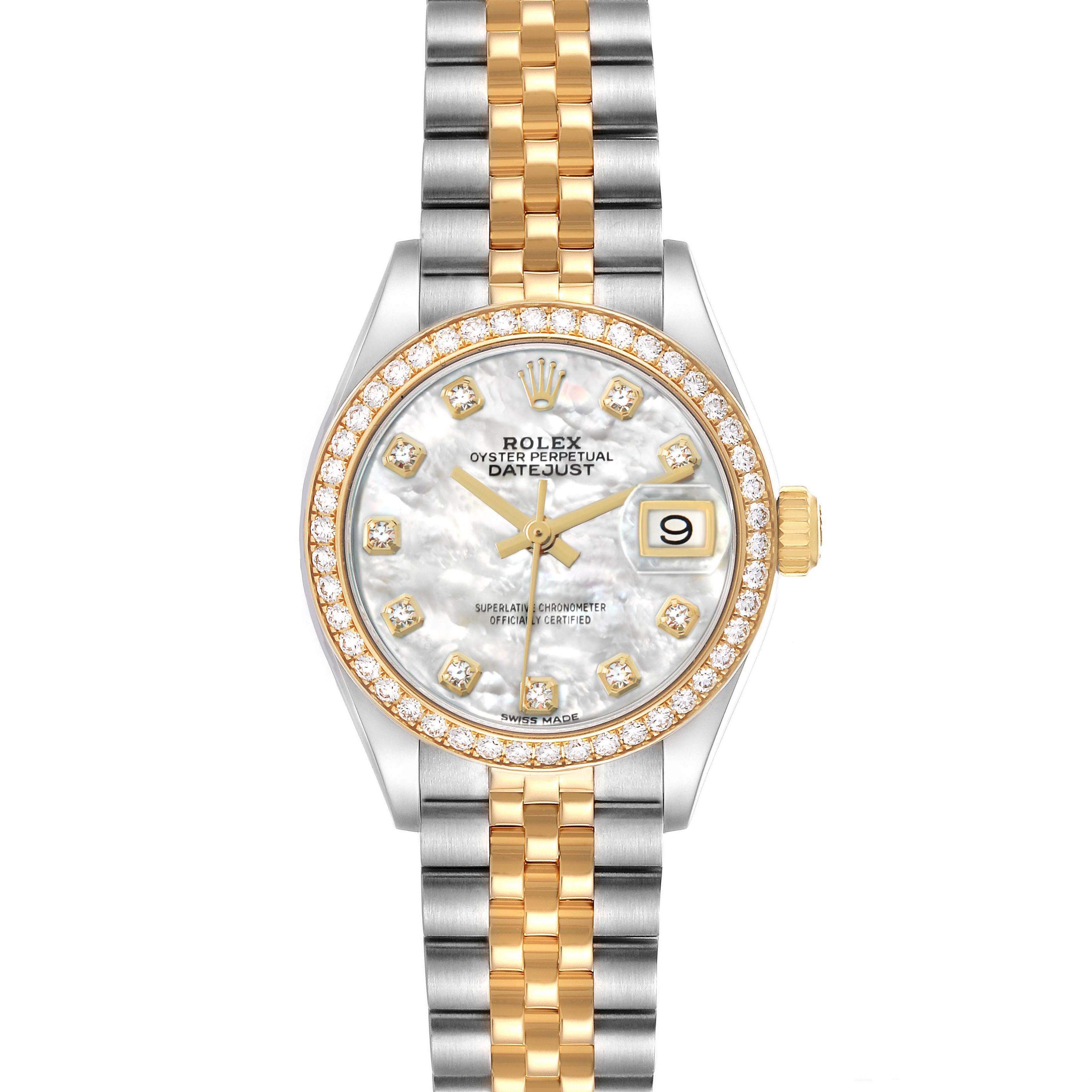 The Rolex Datejust 279383 Women's Steel and Gold (two tone) Mother of Pearl Dial watch is shown from a front angle, highlighting the dial, bezel, and bracelet.