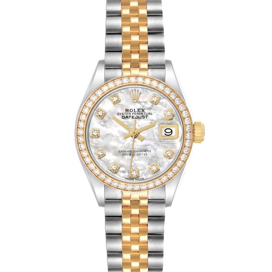 The Rolex Datejust 279383 Women's Steel and Gold (two tone) Mother of Pearl Dial watch is shown from a front angle, highlighting the dial, bezel, and bracelet.