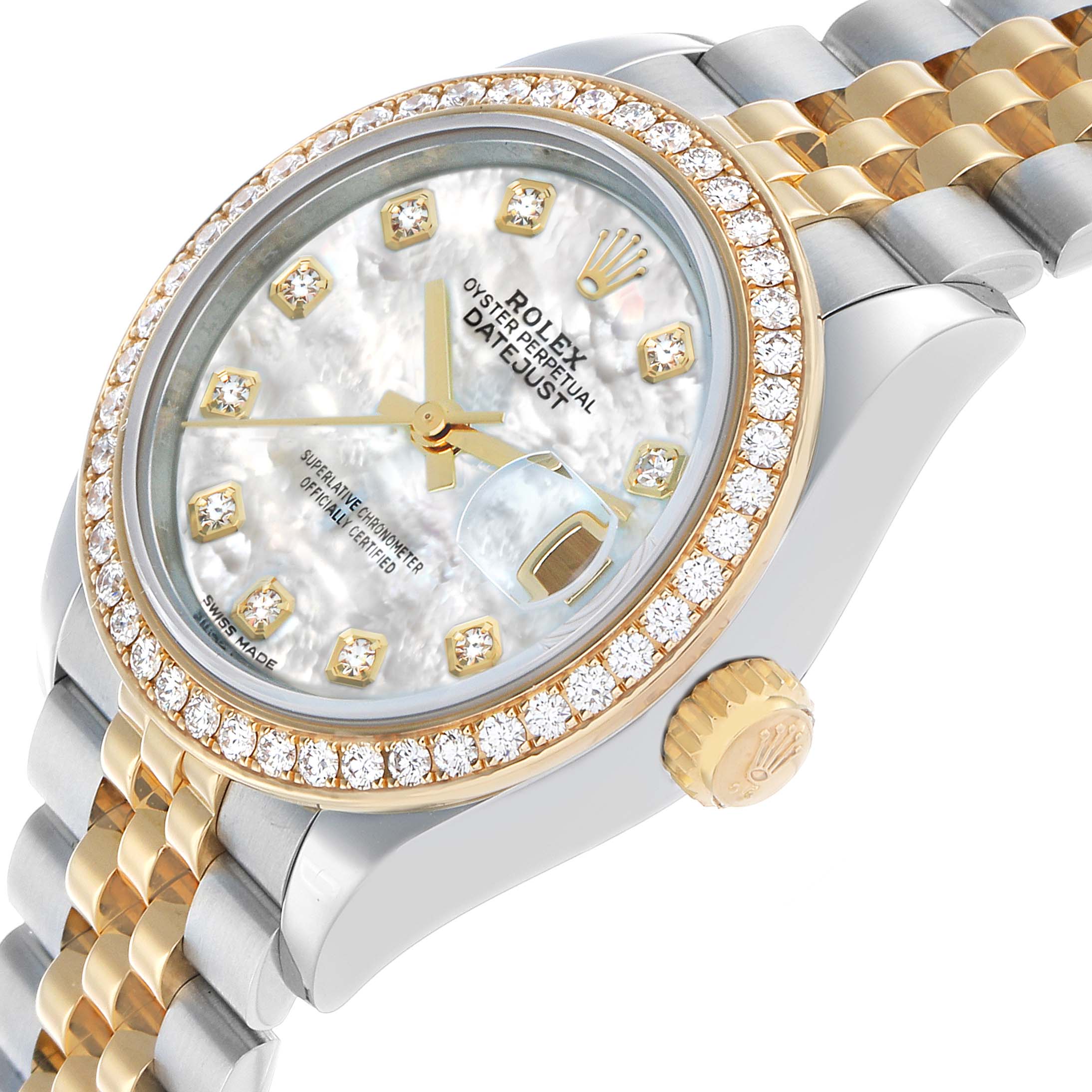 The Rolex Datejust 279383 Women's Steel and Gold (two tone) Mother of Pearl Dial watch is shown at an angled view, displaying its diamond bezel, mother-of-pearl dial, and two-tone bracelet.