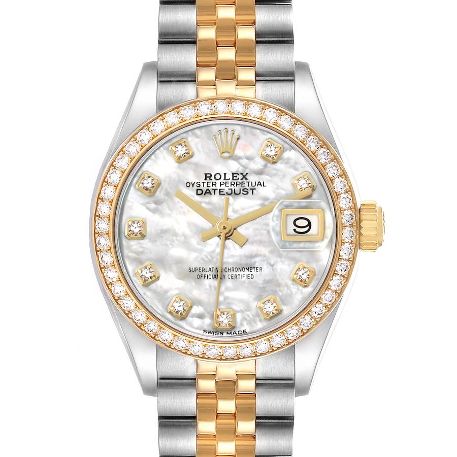 The Rolex Datejust 279383 Women's Steel and Gold (two tone) Mother of Pearl Dial watch is shown from the front, highlighting the dial, bezel, and two-tone bracelet.