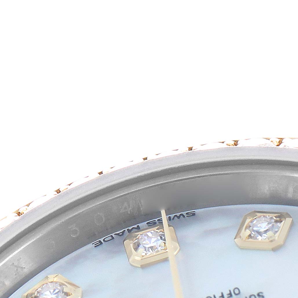 The image shows a close-up of the dial of a Rolex Datejust 279383 Women's Steel and Gold (two tone) Mother of Pearl Dial watch, featuring diamond hour markers and part of the bezel.