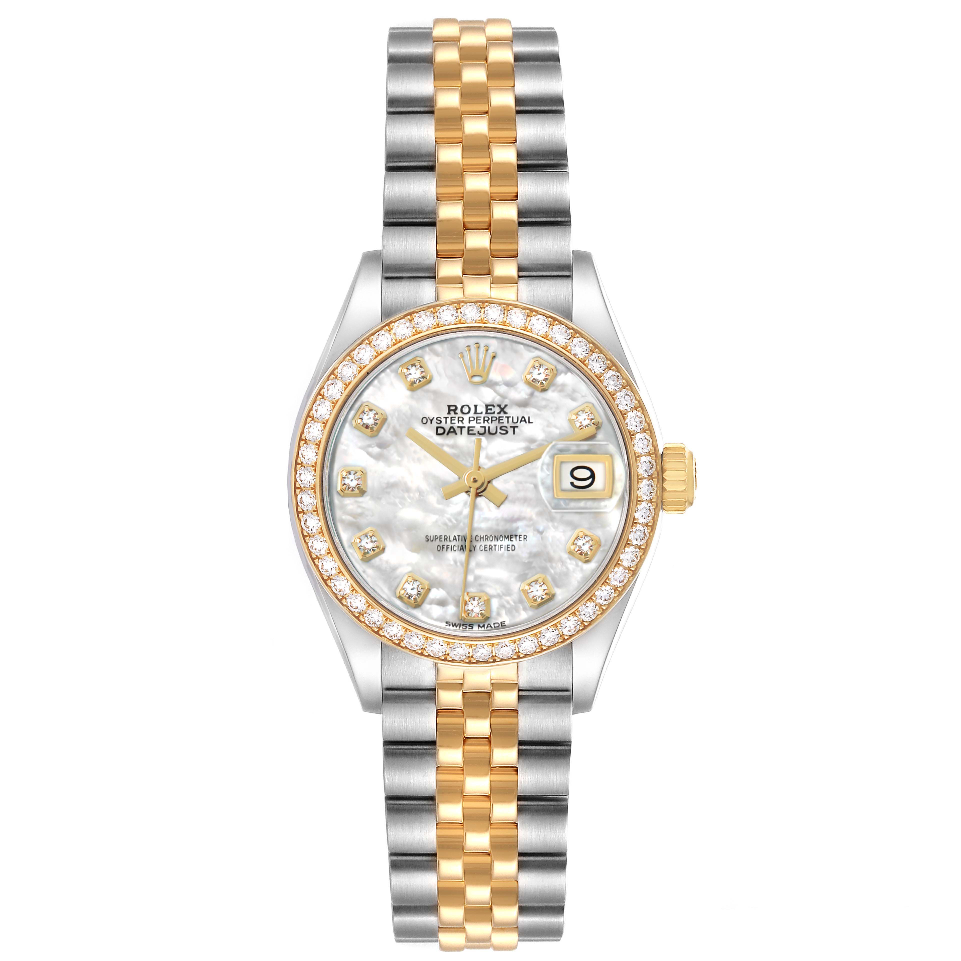 The Rolex Datejust 279383 Women's Steel and Gold (two tone) Mother of Pearl Dial watch is shown from the front, highlighting the dial, bezel, and two-tone bracelet.