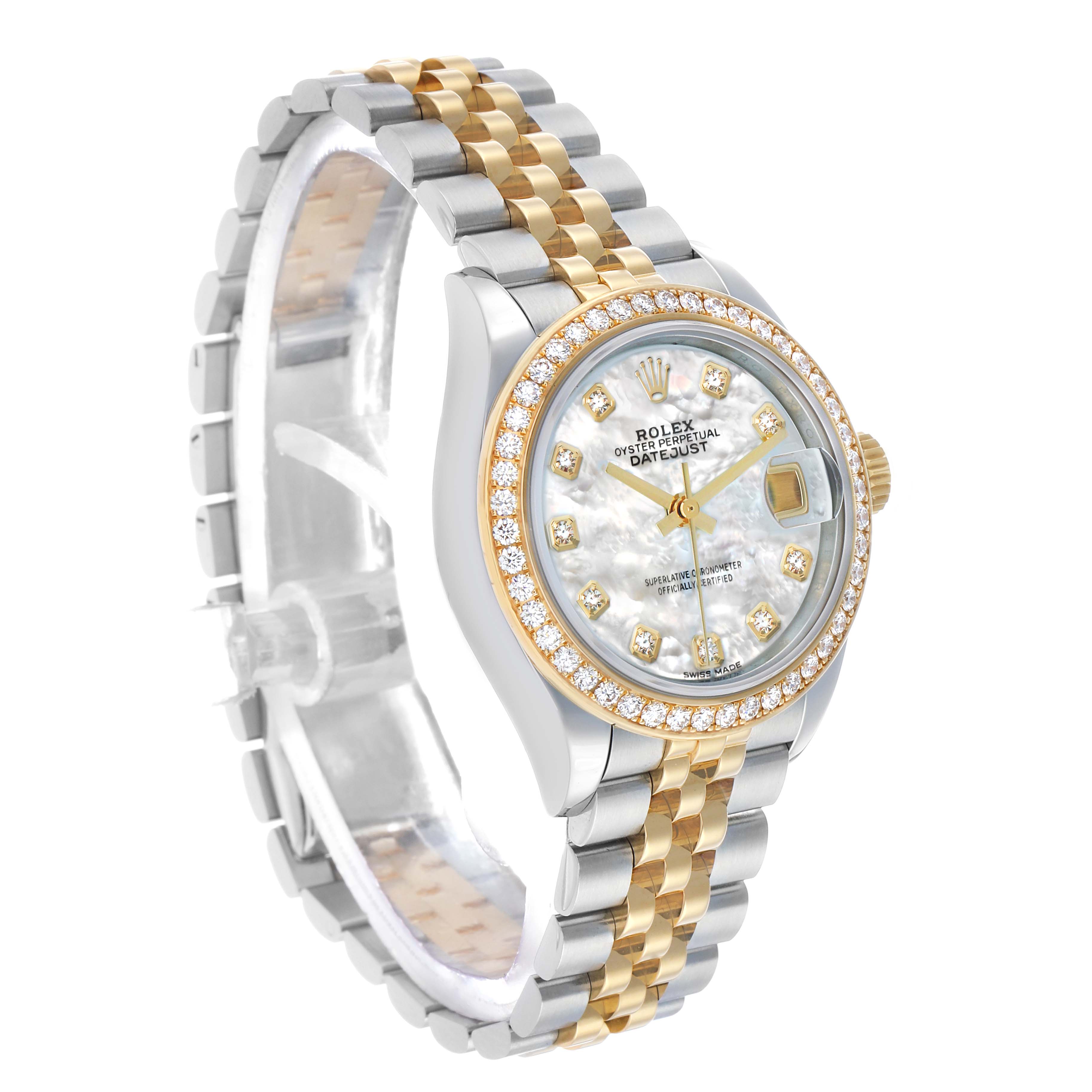 The Rolex Datejust 279383 Women's Steel and Gold (two tone) Mother of Pearl Dial watch is shown at a three-quarter angle, highlighting the dial, bezel, and two-tone bracelet.
