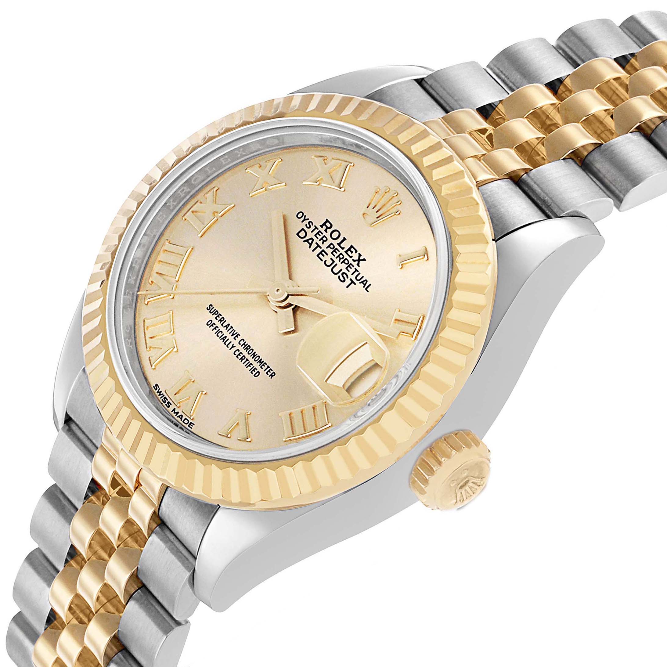 The Rolex Datejust 279173 Women's Steel and Gold (two tone) Champagne Dial watch is shown at an angled view, highlighting the bezel, dial, crown, and jubilee bracelet.
