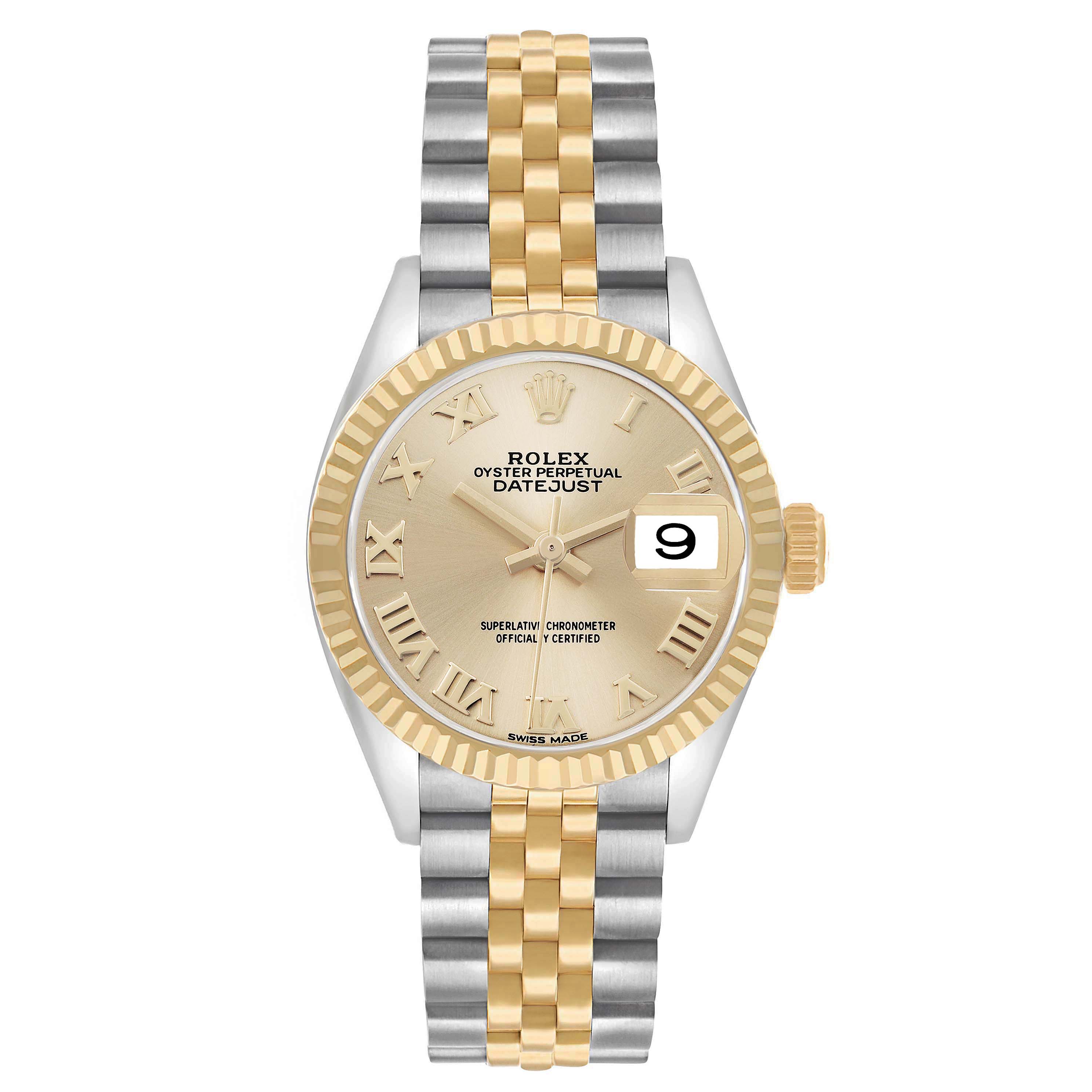 The Rolex Datejust 279173 Women's Steel and Gold (two tone) Champagne Dial watch is shown from a top view, highlighting its dial, bezel, and Jubilee bracelet.