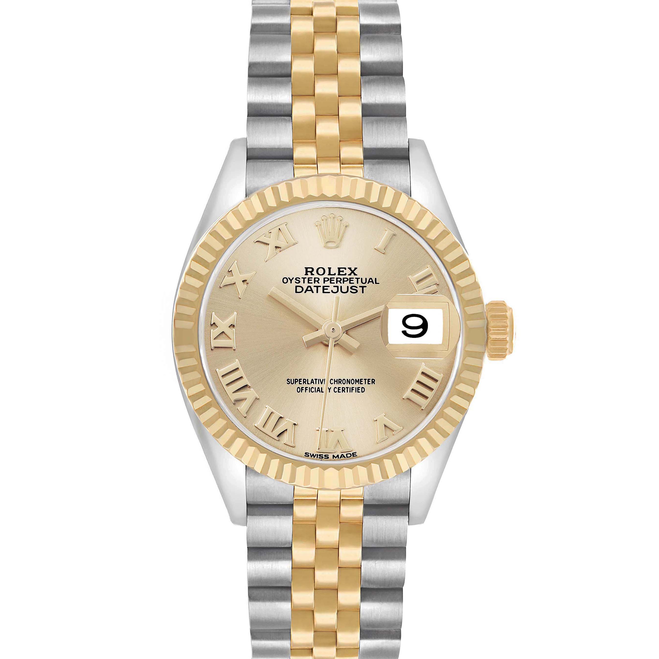 The Rolex Datejust 279173 Women's Steel and Gold (two tone) Champagne Dial watch is shown from a top-down angle, displaying the dial, bezel, crown, and two-tone bracelet.