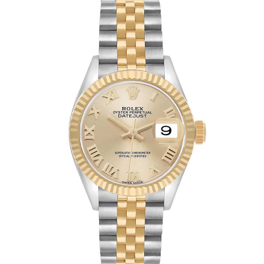 The Rolex Datejust 279173 Women's Steel and Gold (two tone) Champagne Dial watch is shown from a top-down angle, displaying the dial, bezel, crown, and two-tone bracelet.