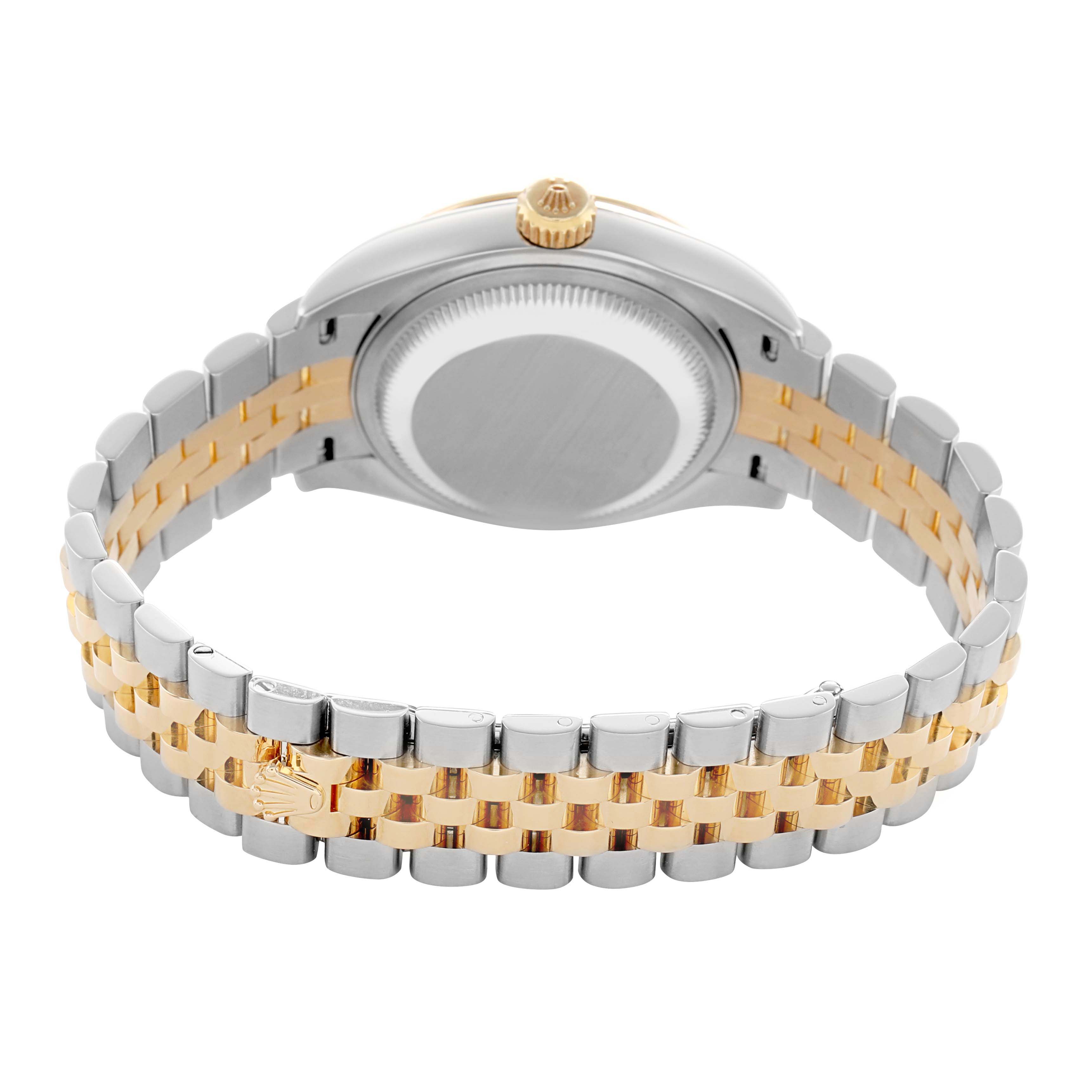 The image shows the back of a Rolex Datejust 279173 Women's Steel and Gold (two tone) Champagne Dial, focusing on the case back and the Jubilee bracelet.