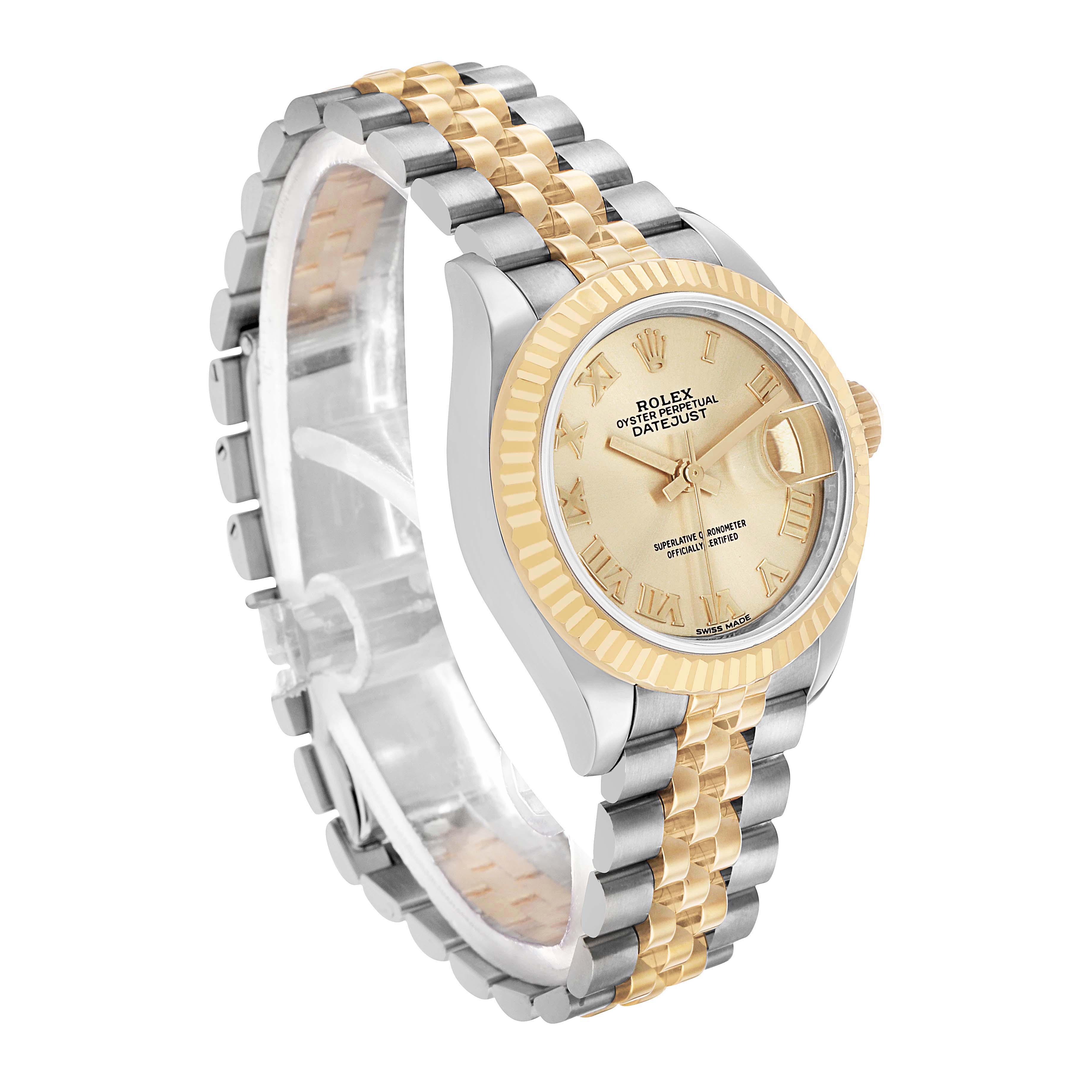The Rolex Datejust 279173 Women's Steel and Gold (two tone) Champagne Dial is shown at a three-quarter angle, highlighting its gold and silver jubilee bracelet, fluted bezel, and dial.